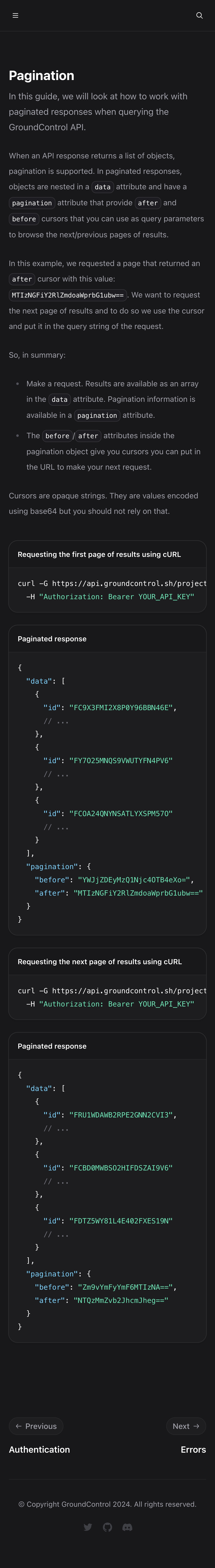 groundcontrol docs pagination interface, mobile dark full screenshot