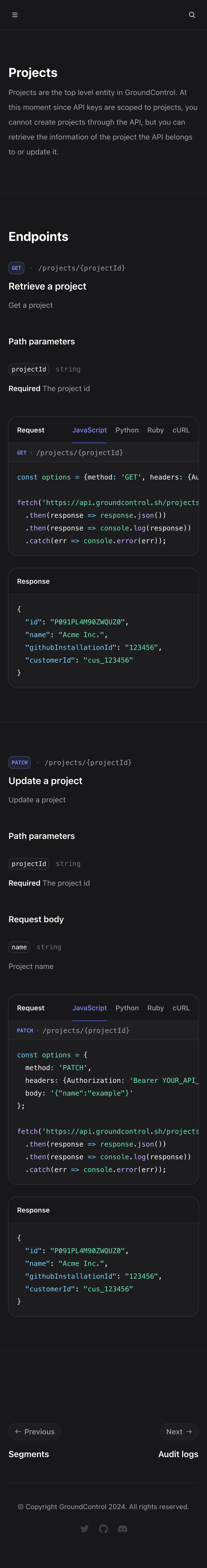 groundcontrol docs projects interface, mobile dark full screenshot
