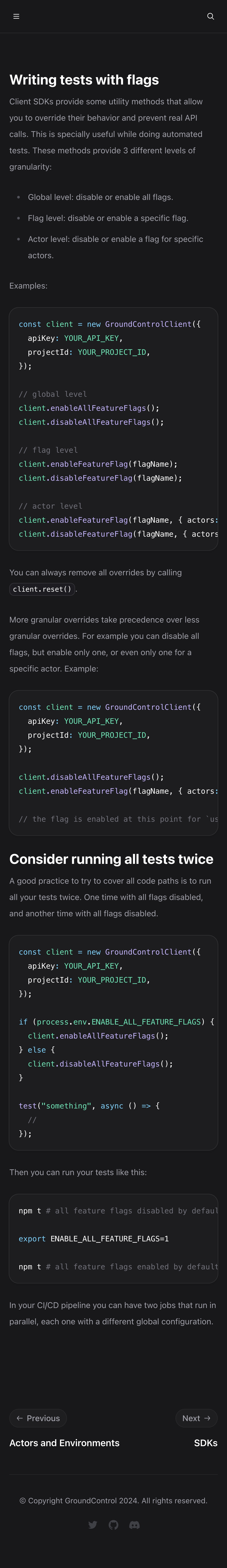 groundcontrol docs writing tests interface, mobile dark full screenshot