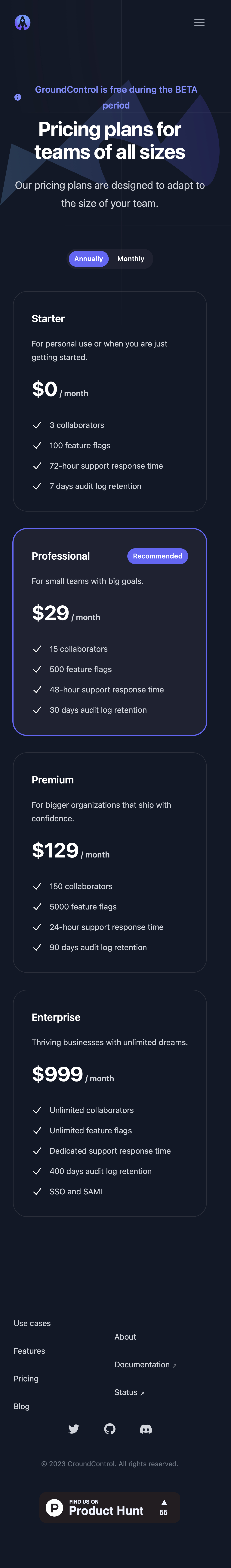 groundcontrol pricing interface, mobile dark full screenshot