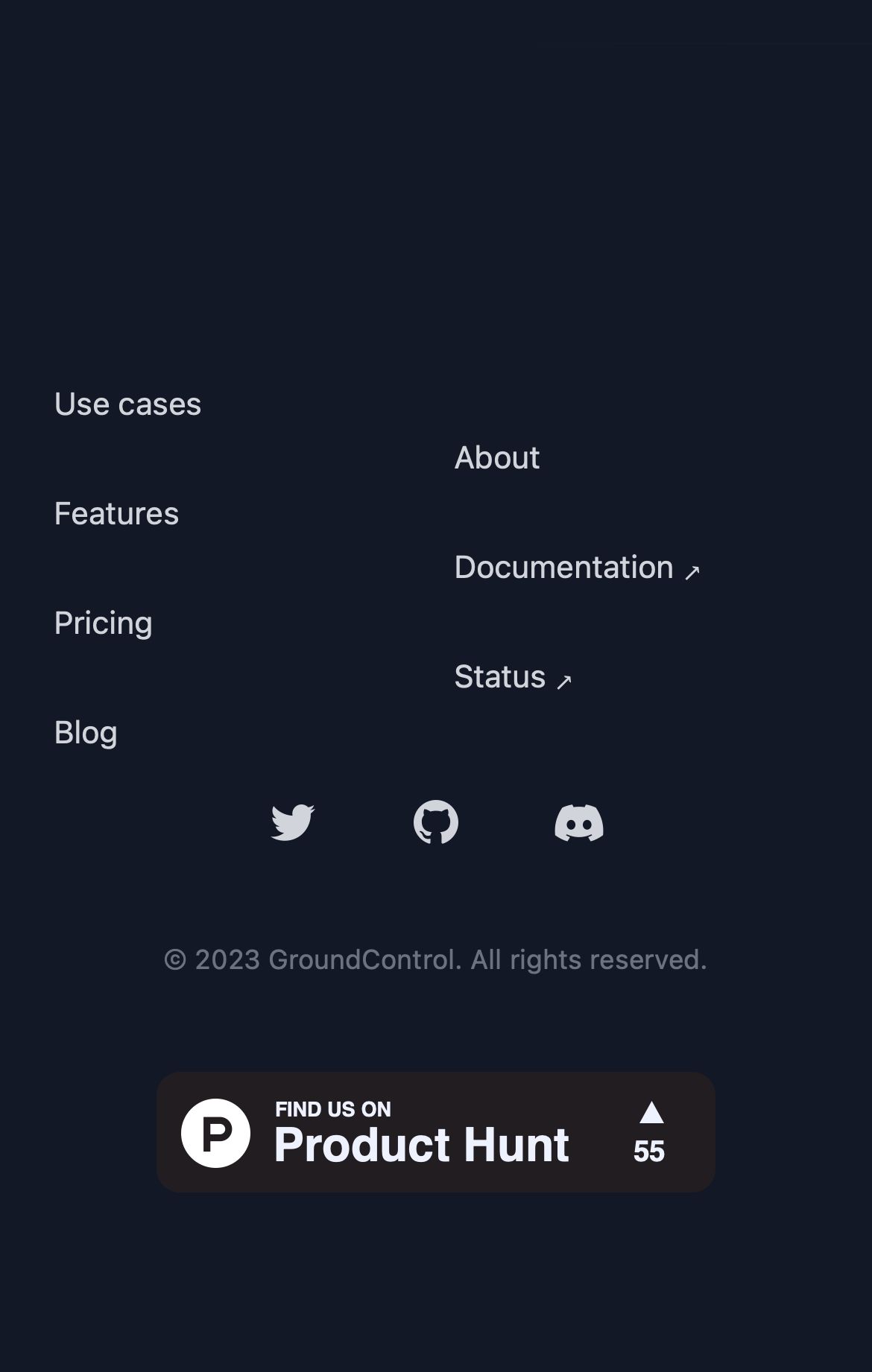 groundcontrol landing interface, mobile dark stack screenshot