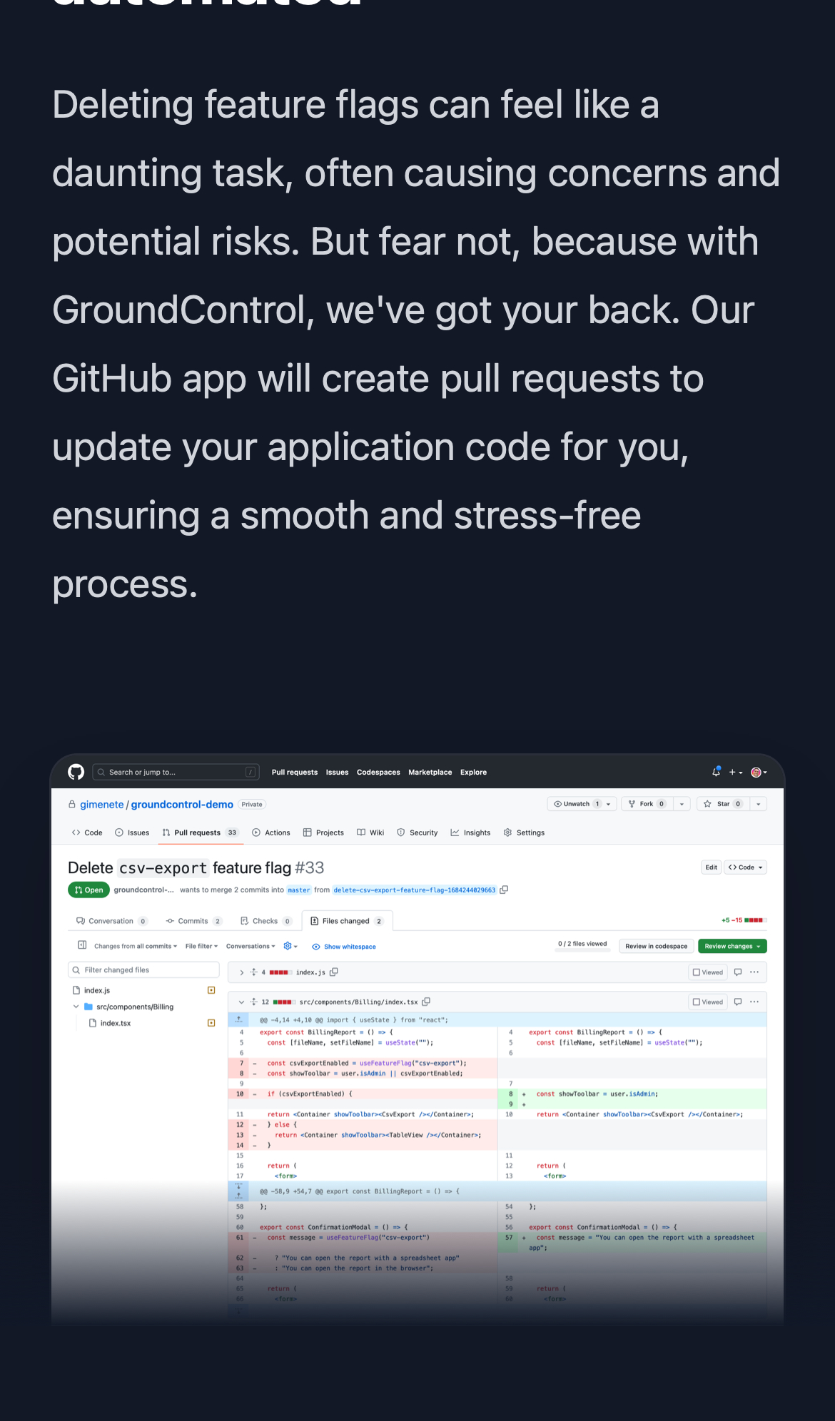 groundcontrol landing interface, mobile dark stack screenshot