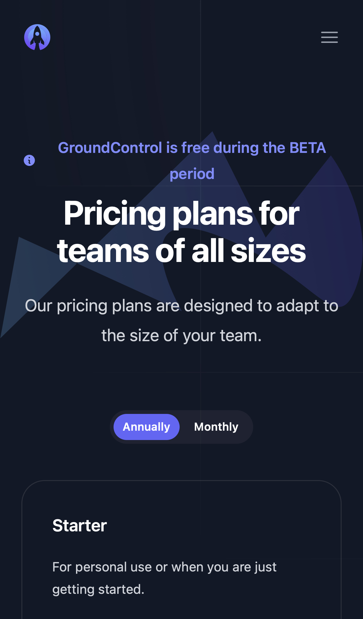 groundcontrol pricing interface, mobile dark stack screenshot