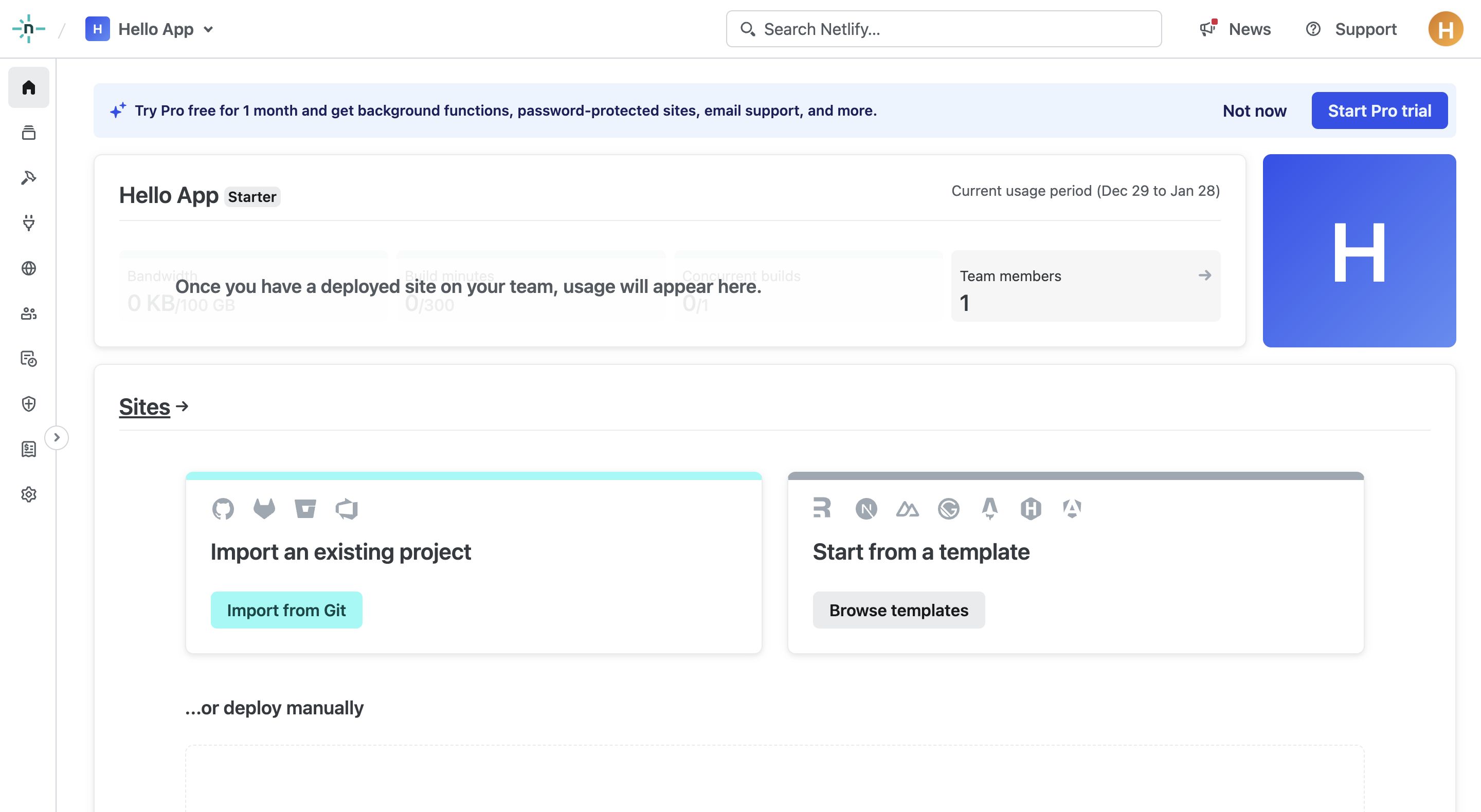 netlify dashboard empty nosidebar interface, desktop null fold screenshot