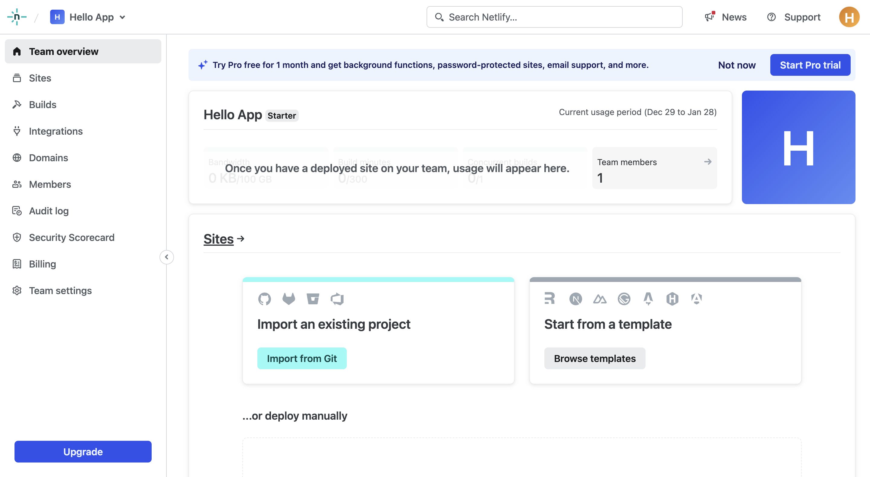 netlify dashboard empty sidebar interface, desktop null fold screenshot