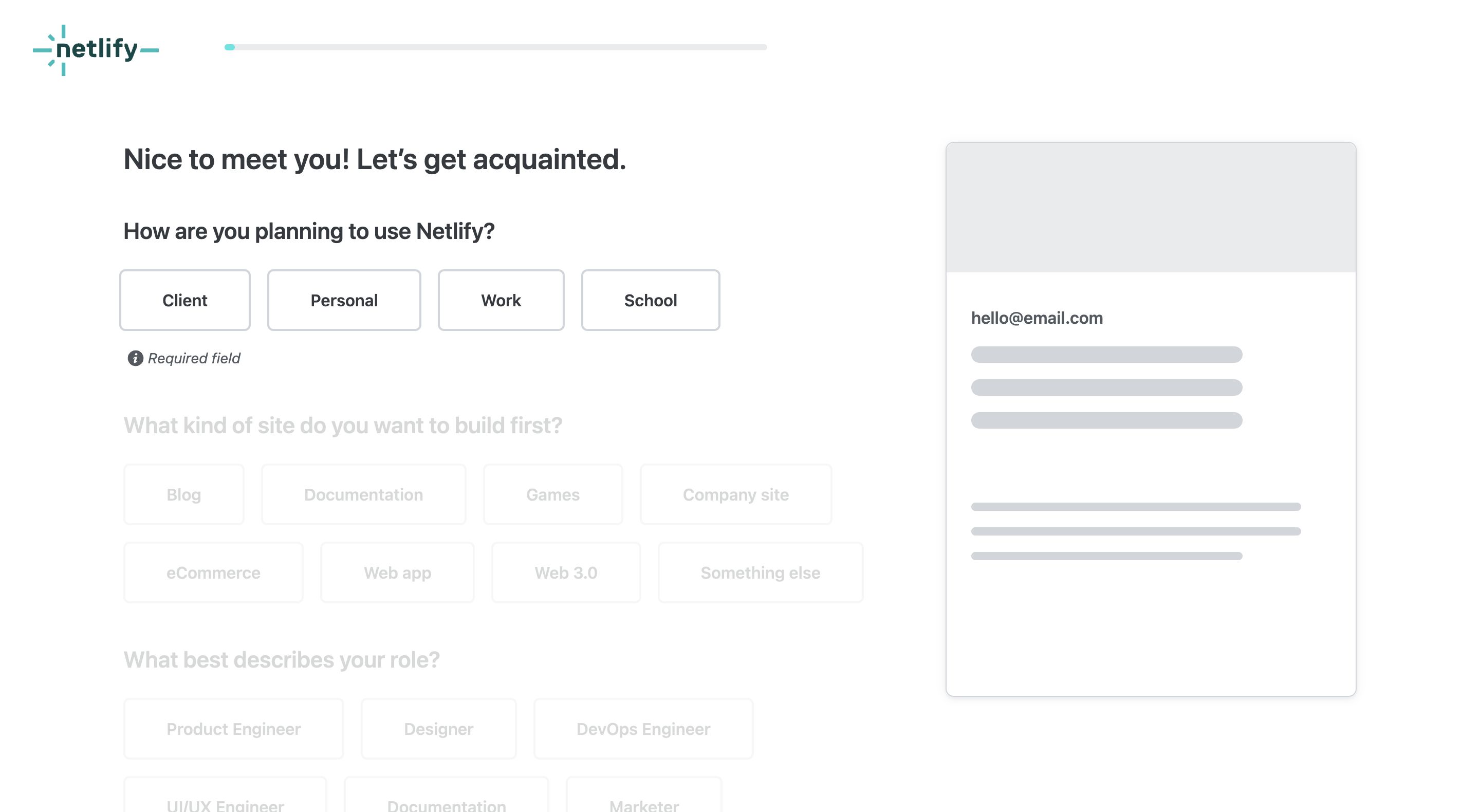 netlify signup questions interface, desktop null fold screenshot