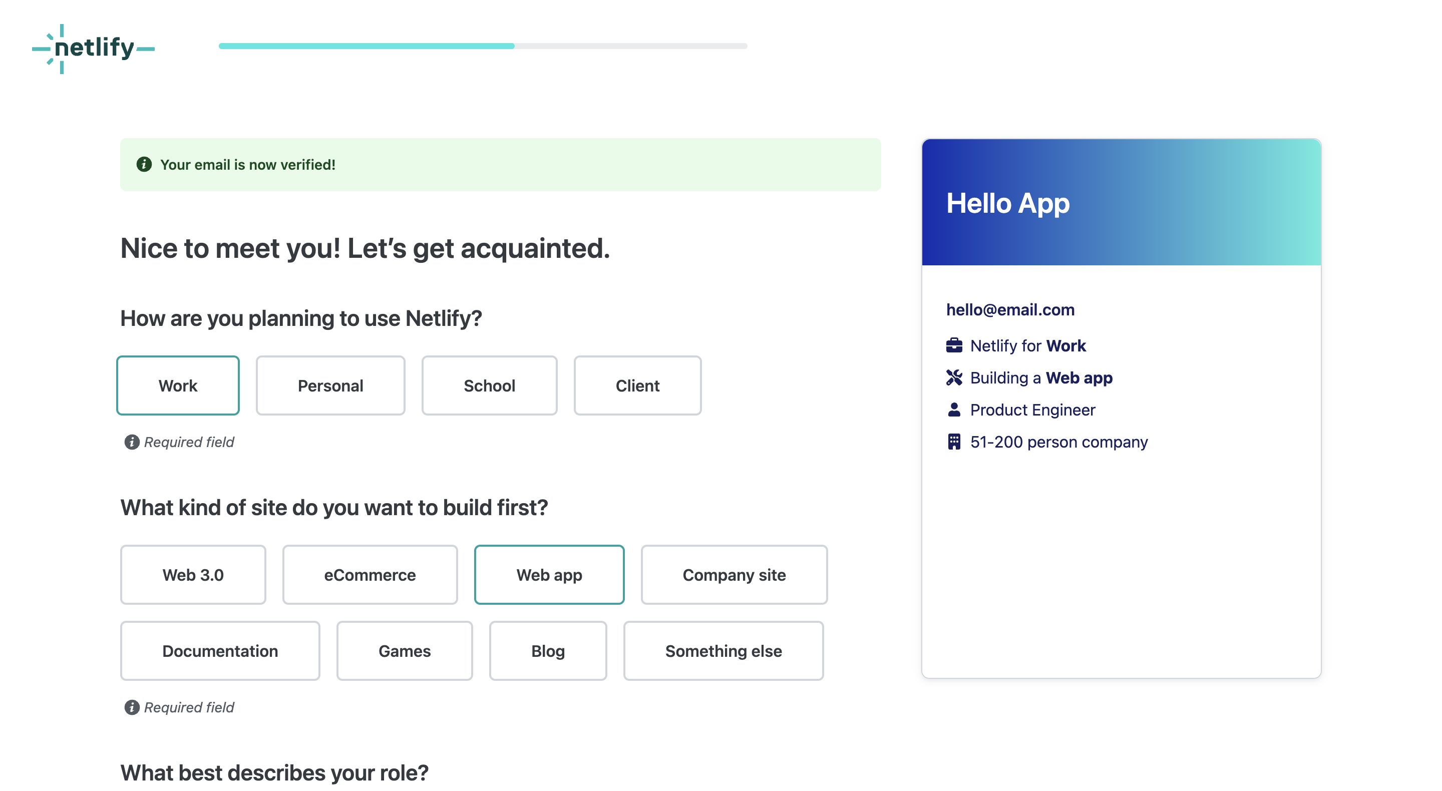 netlify signup questions complete interface, desktop null fold screenshot