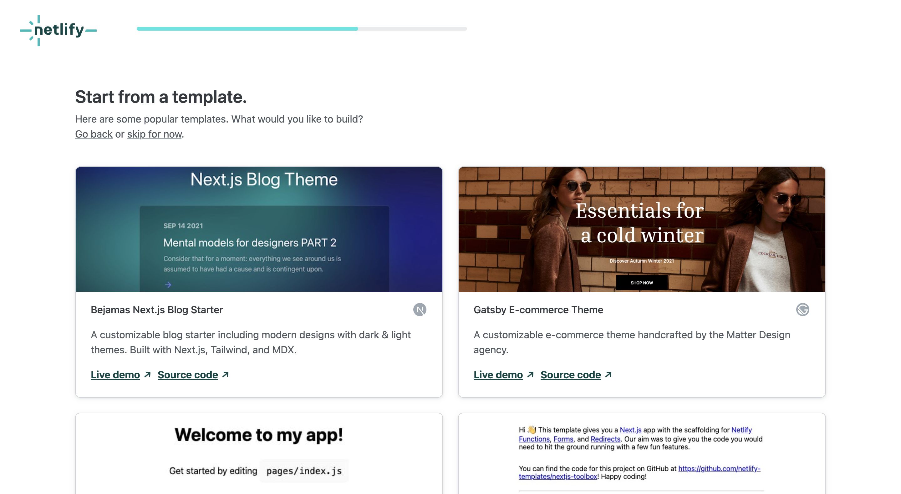 netlify signup templates interface, desktop null fold screenshot