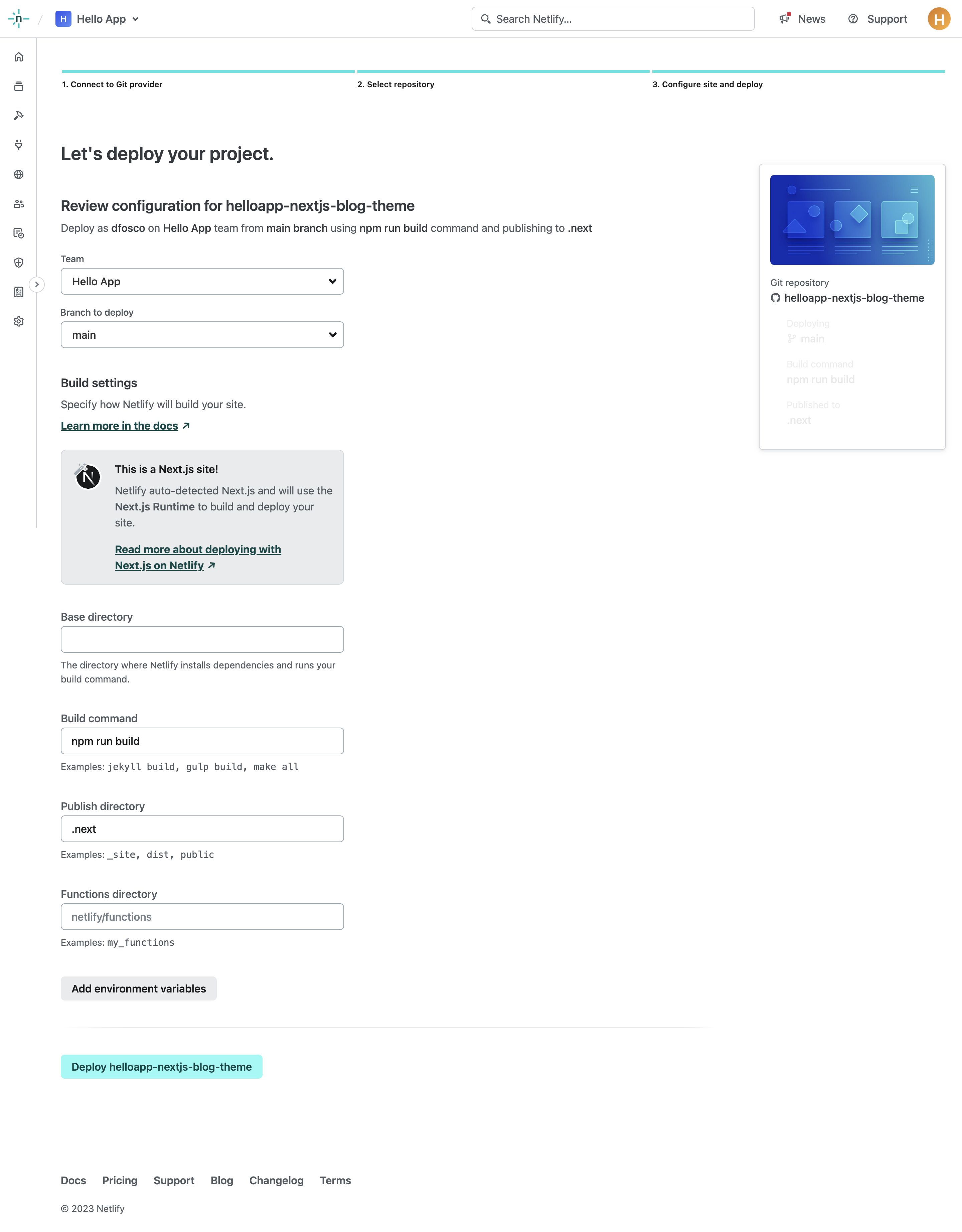netlify deploy config interface, desktop light full screenshot