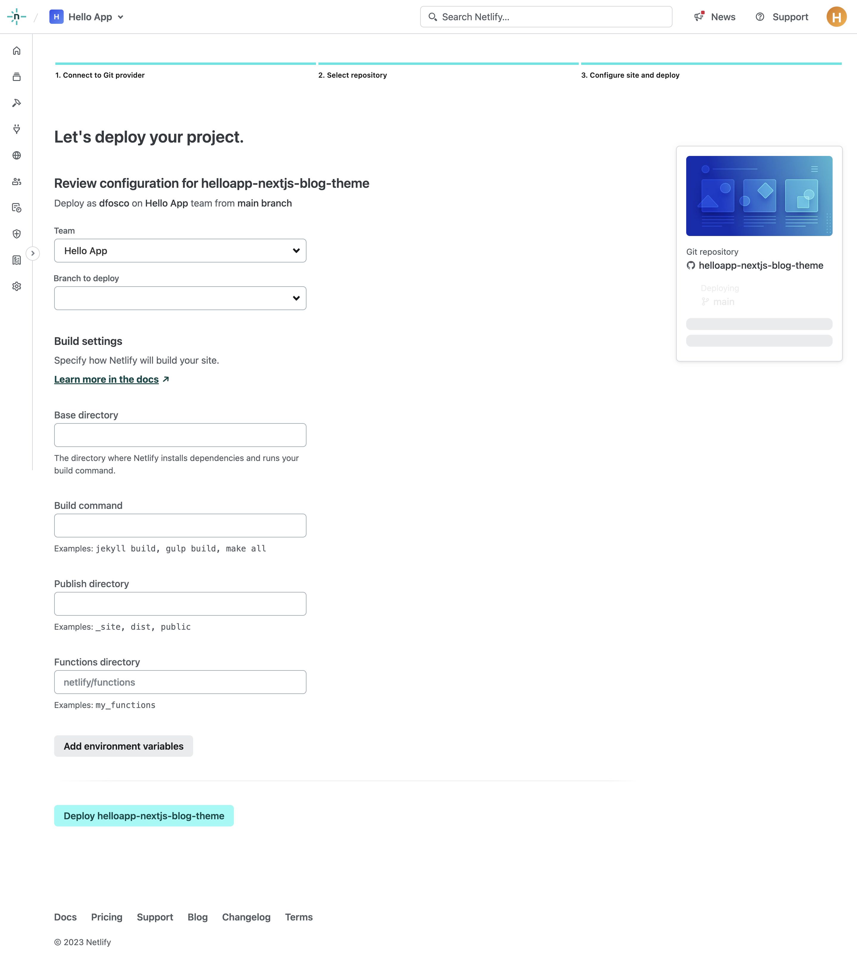 netlify deploy config – empty interface, desktop light full screenshot