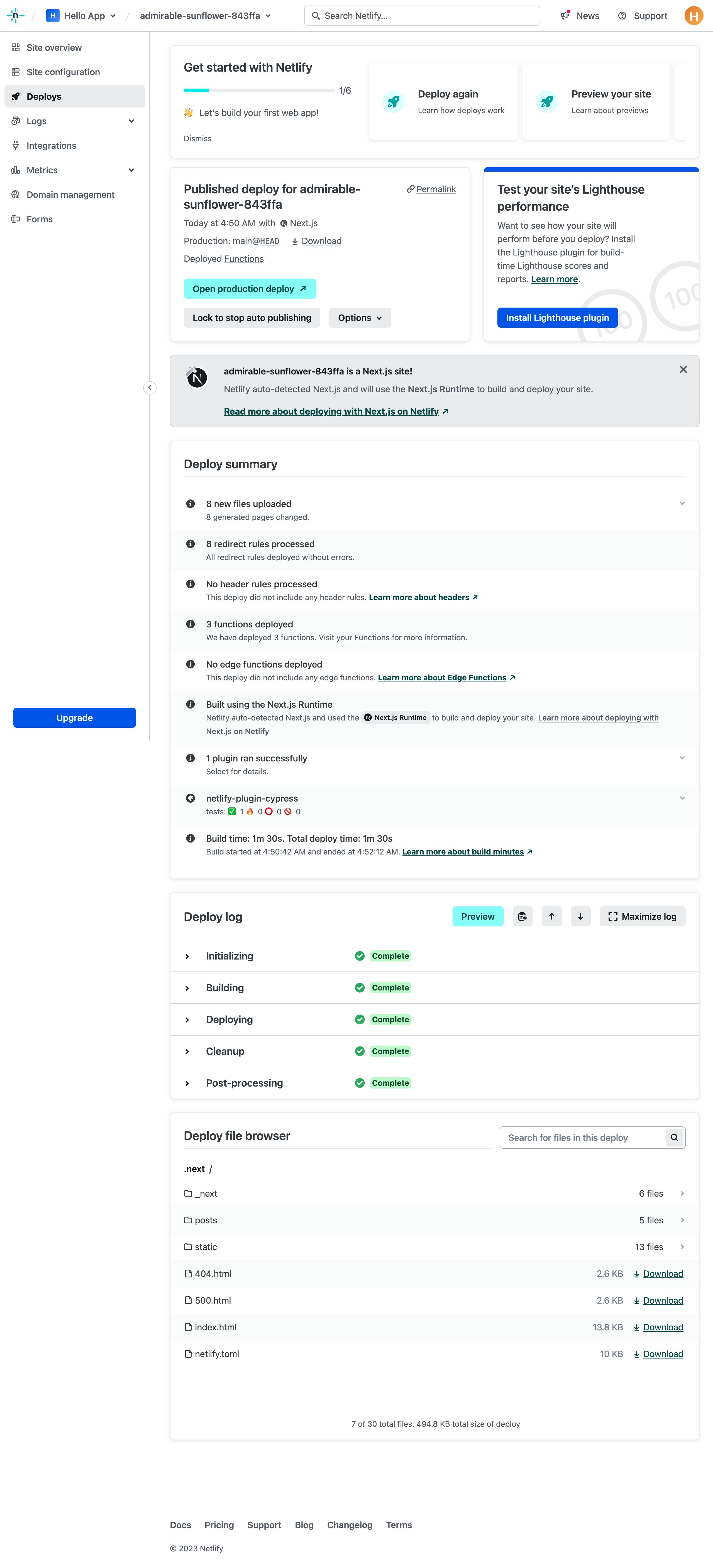 netlify deploypage – with sidebar interface, desktop light full screenshot