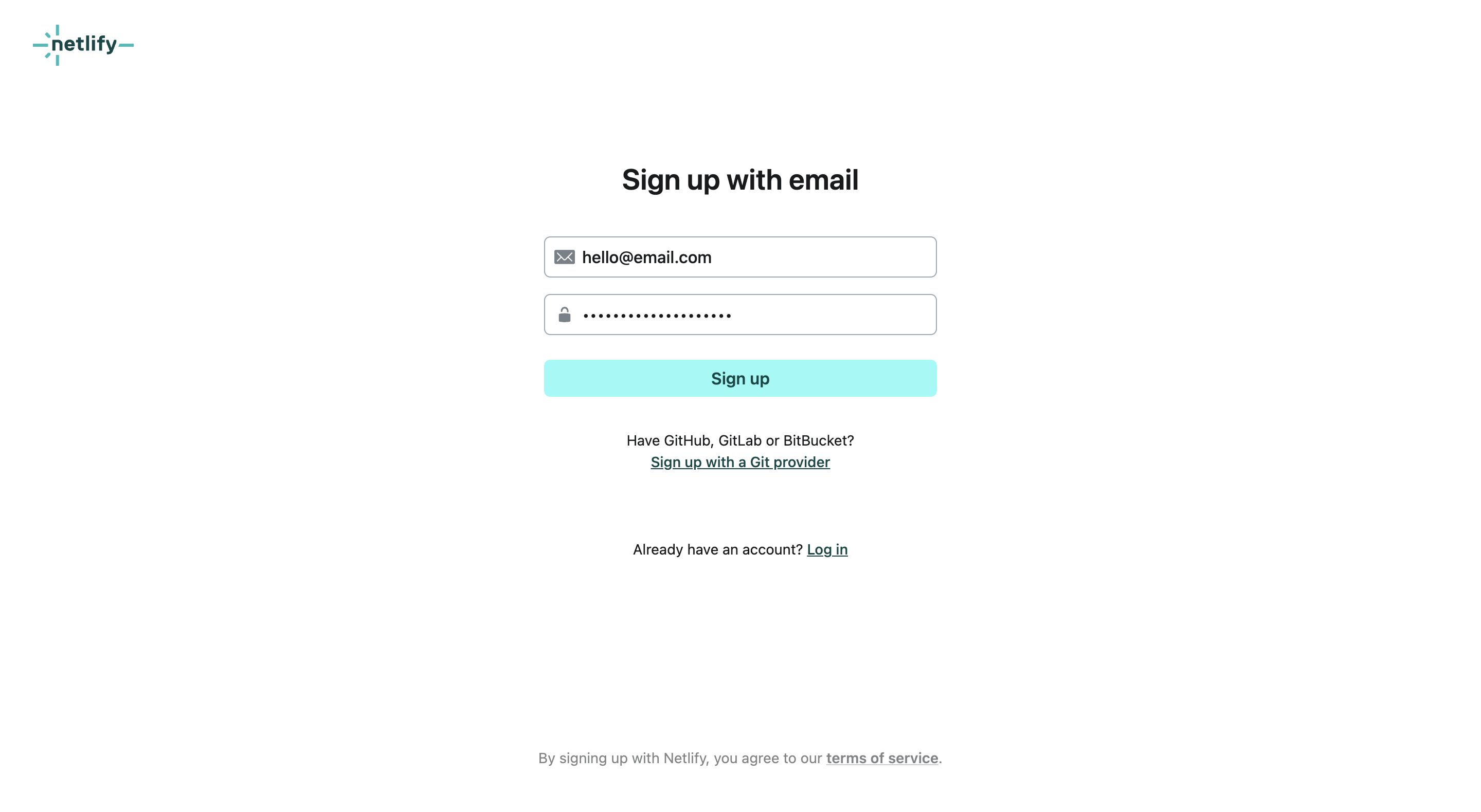 netlify signup email interface, desktop light full screenshot