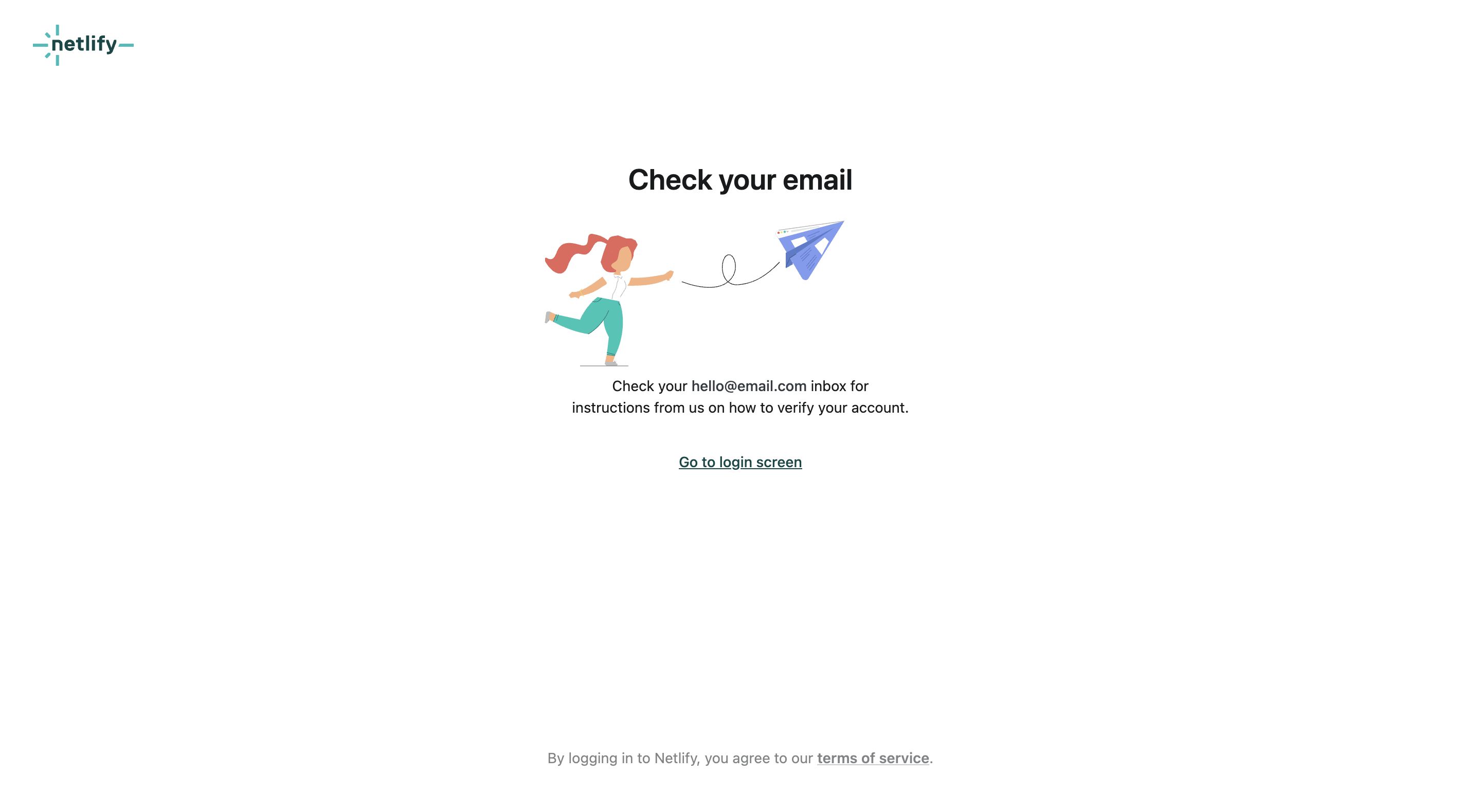 netlify signup email – confirm interface, desktop light full screenshot