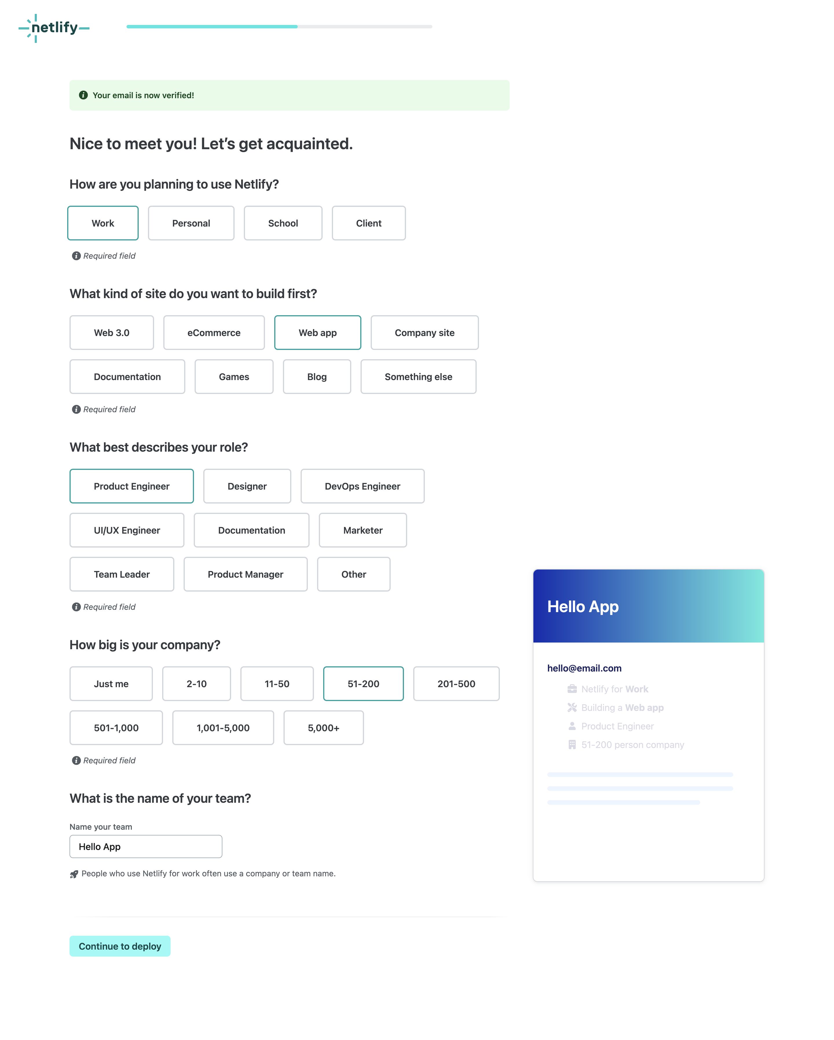 netlify signup questions interface, desktop light full screenshot