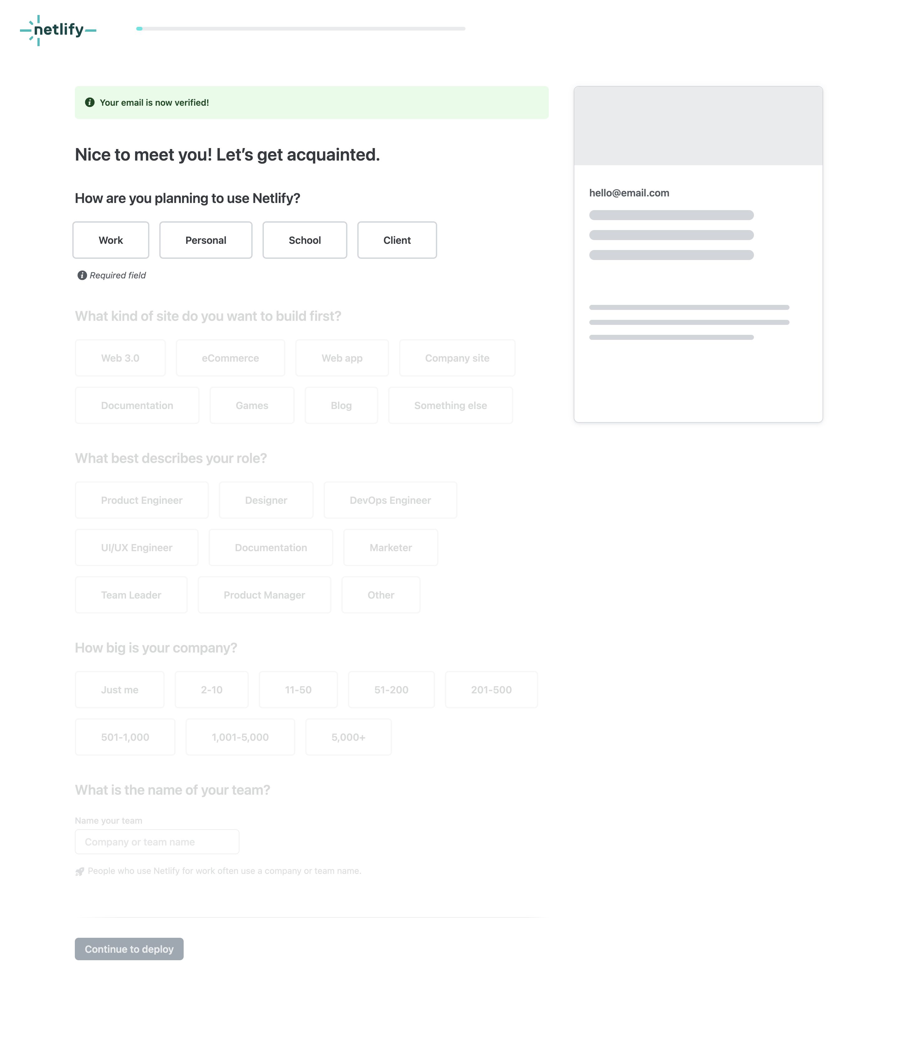 netlify signup questions empty interface, desktop light full screenshot