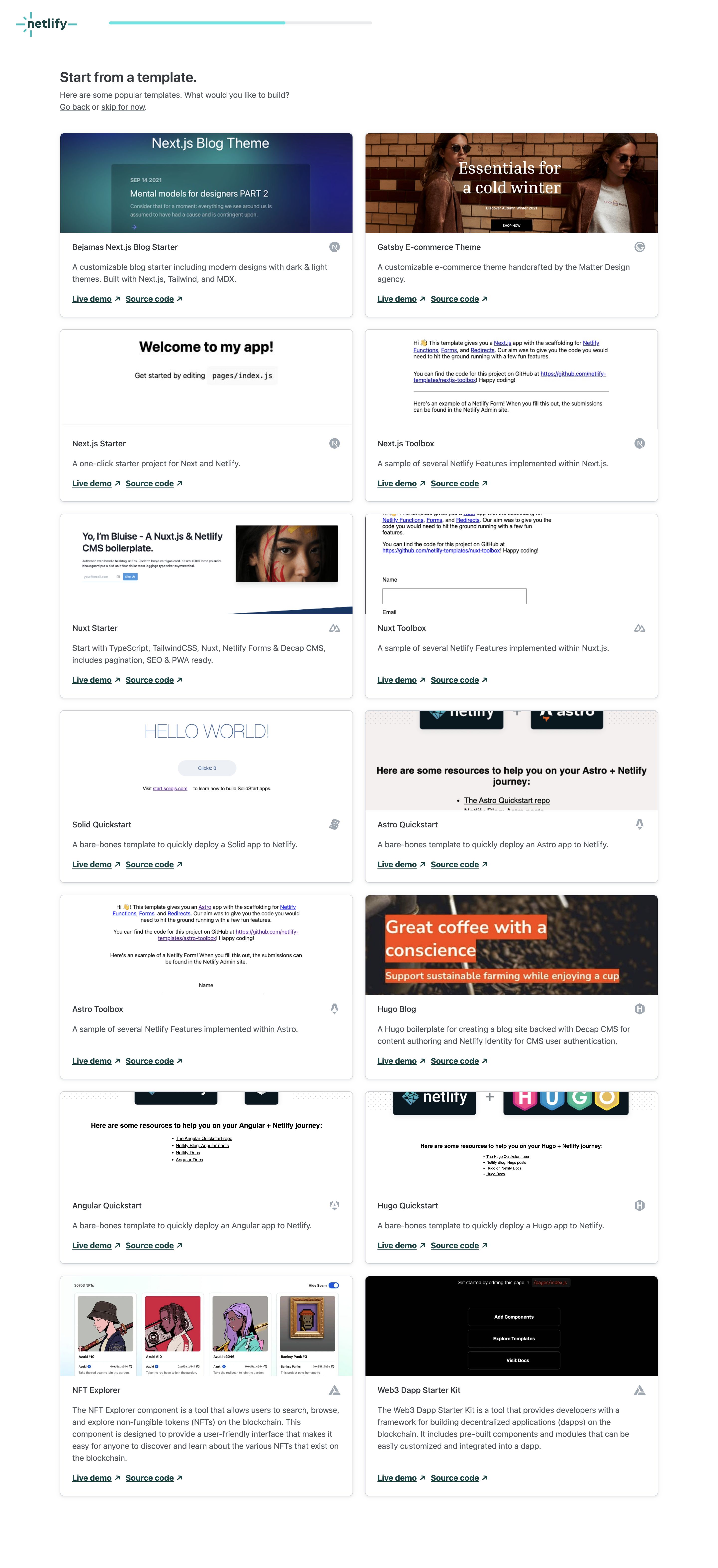 netlify signup templates interface, desktop light full screenshot