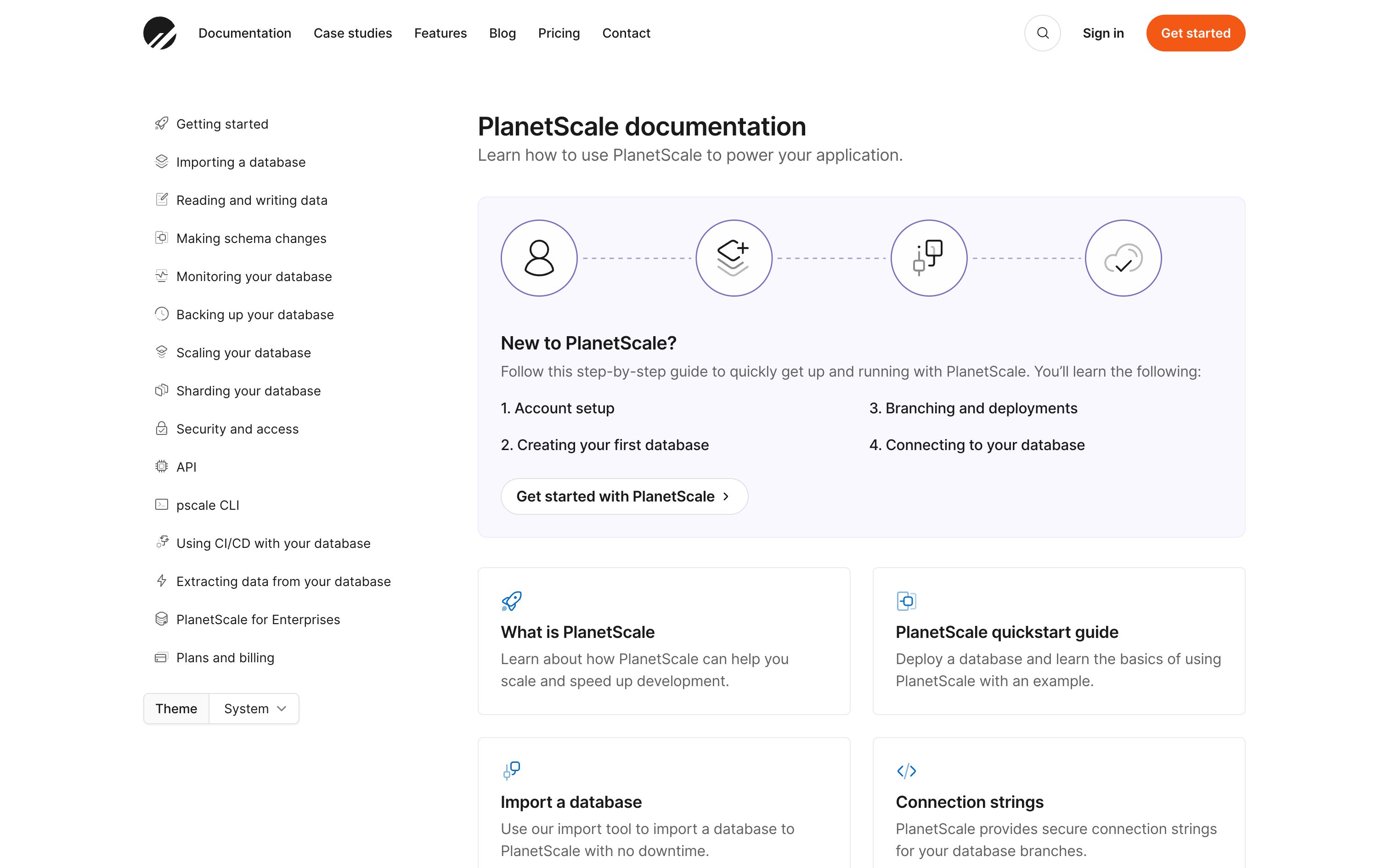 planetscale docs home interface, desktop light fold screenshot