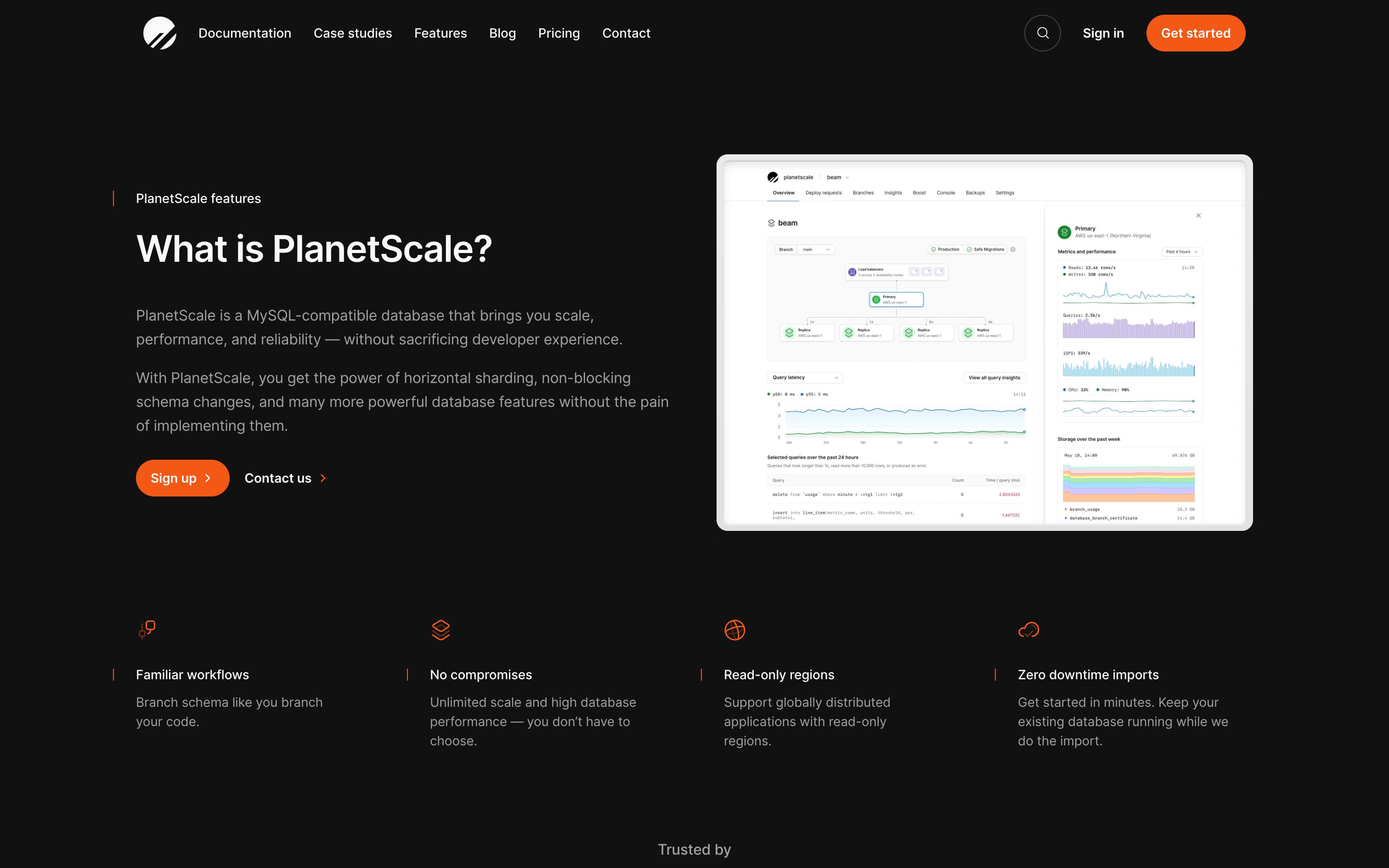 planetscale features interface, desktop light fold screenshot