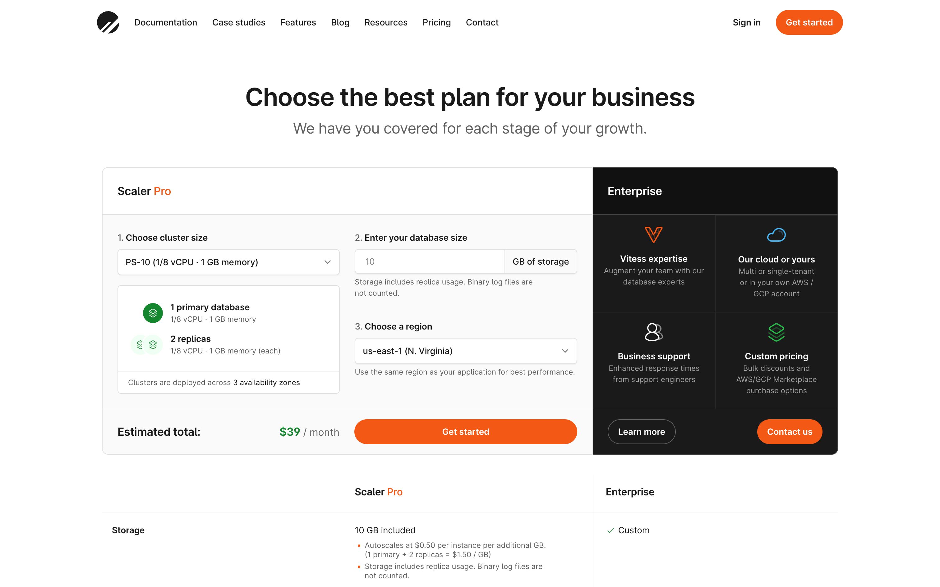 planetscale pricing interface, desktop light fold screenshot