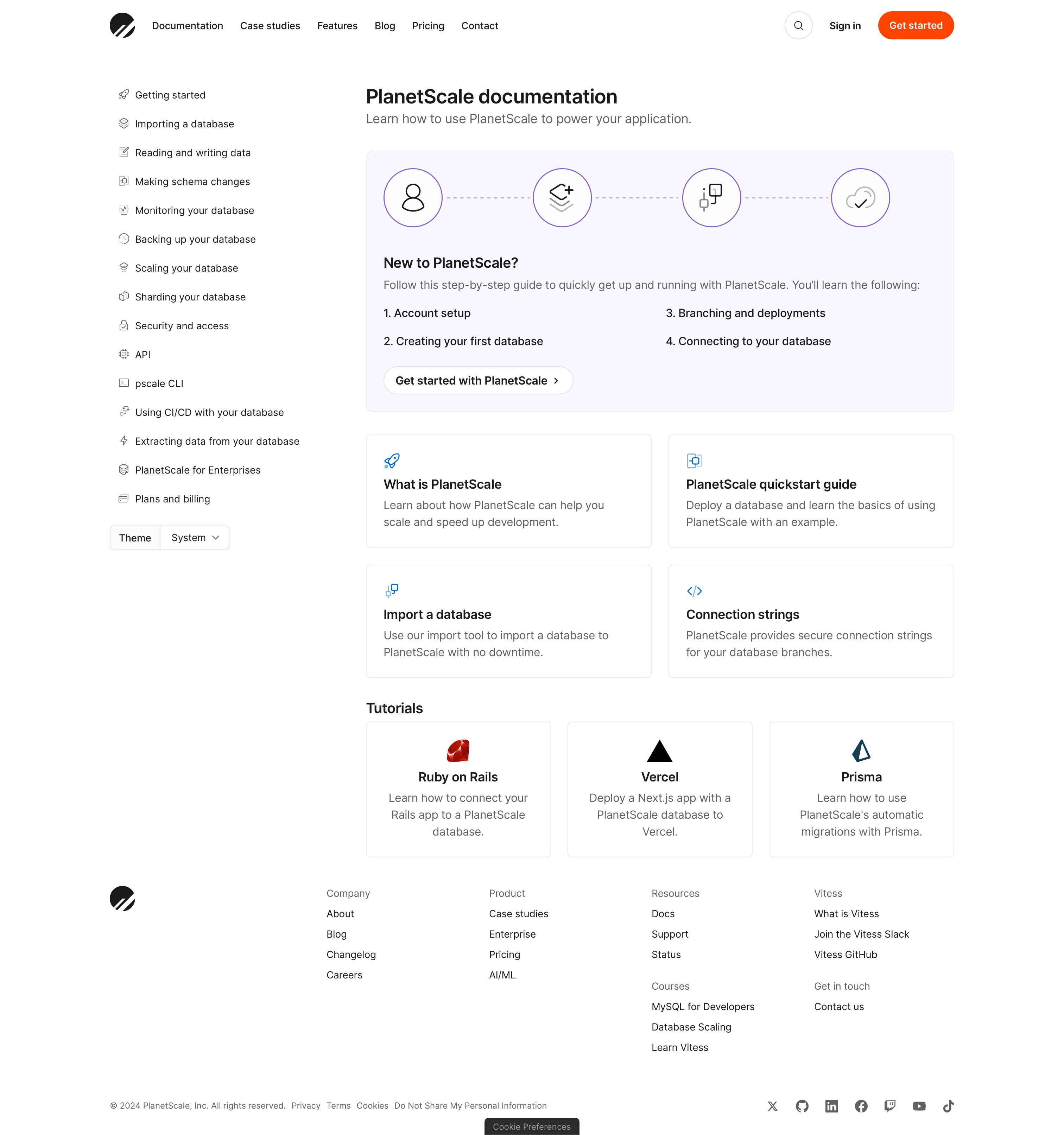 planetscale docs home interface, desktop light full screenshot