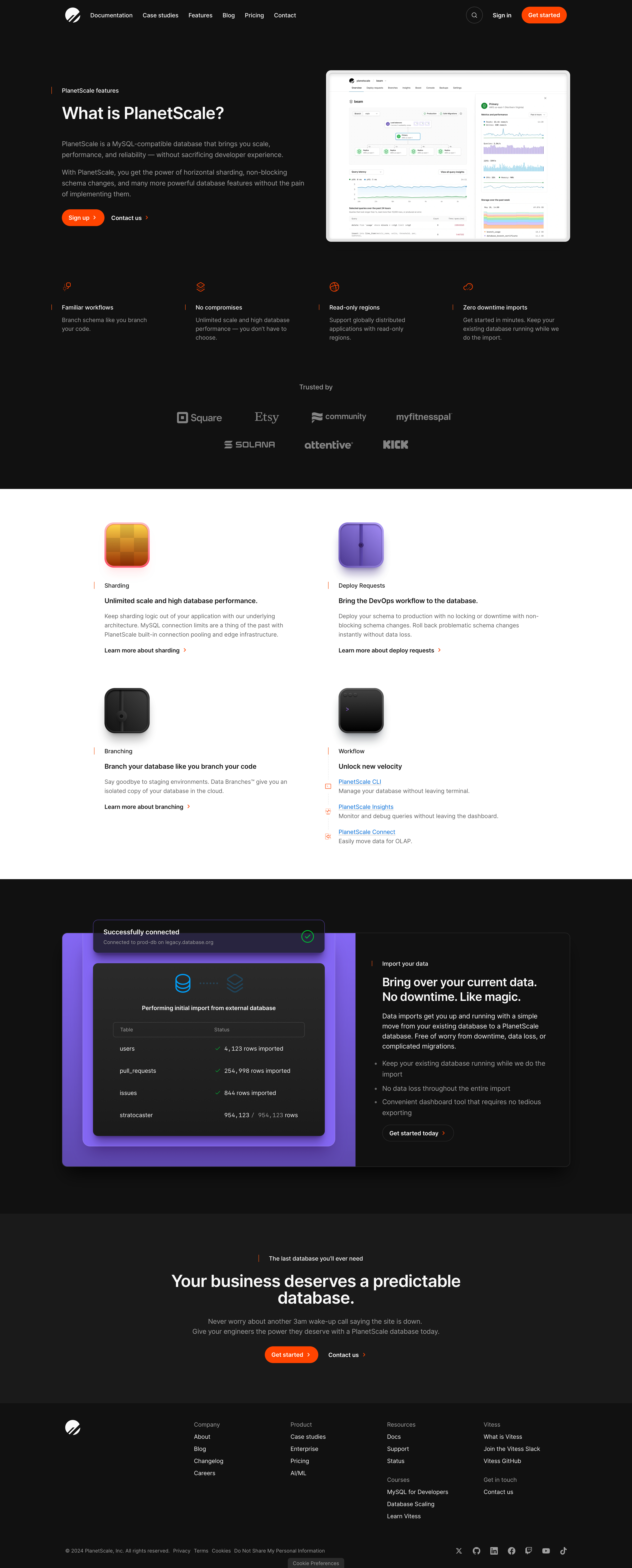 planetscale features interface, desktop light full screenshot