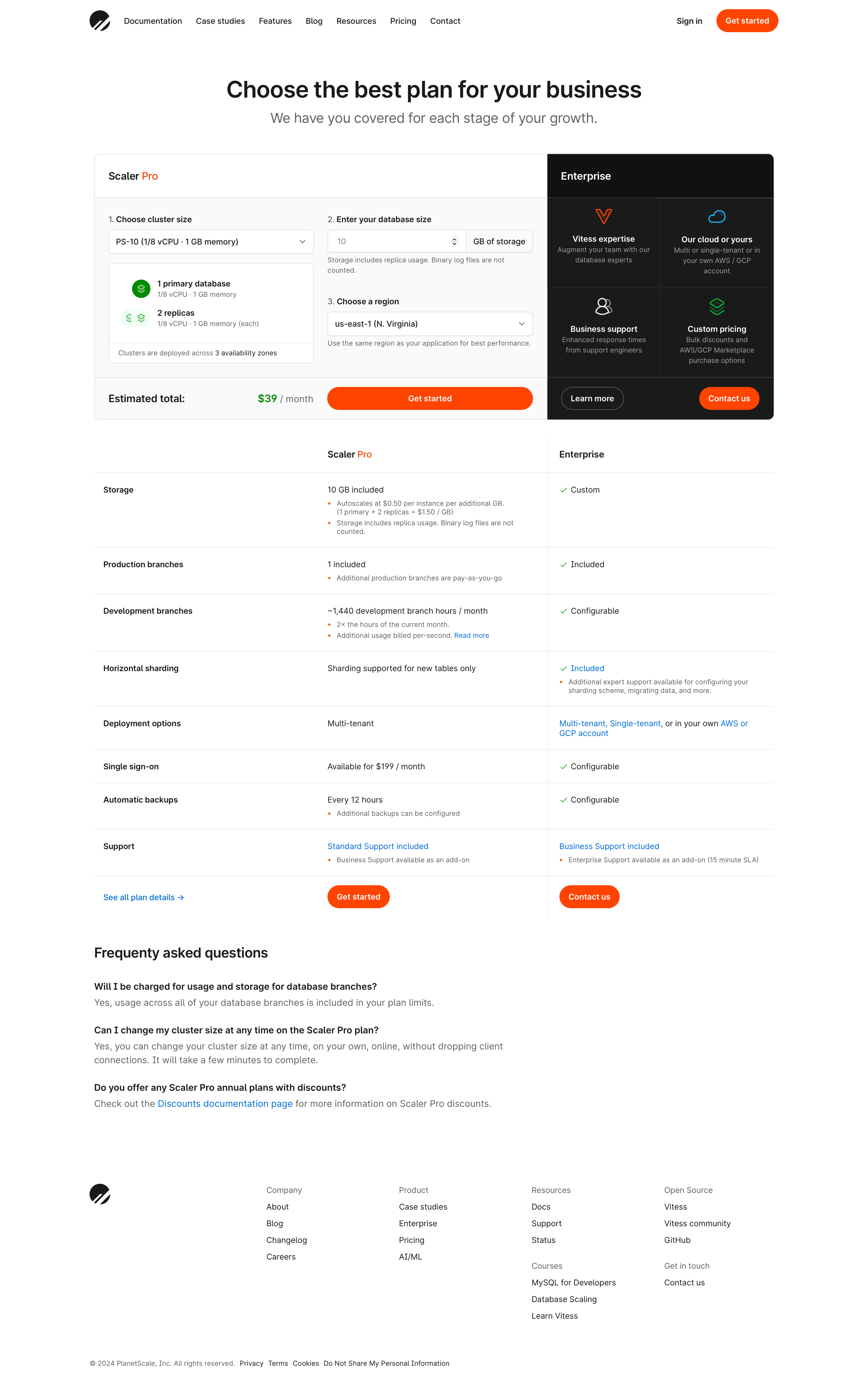 planetscale pricing interface, desktop light full screenshot