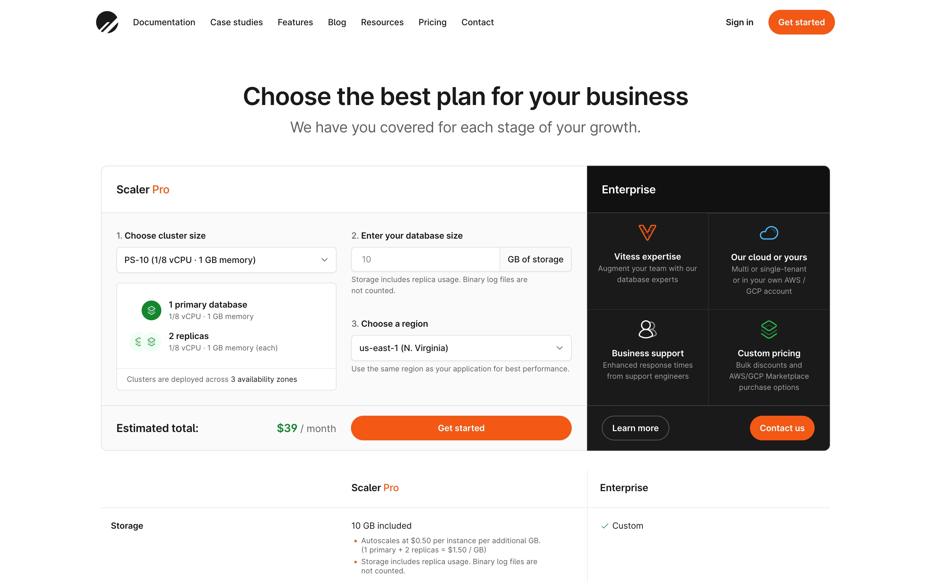planetscale pricing interface, desktop light stack screenshot