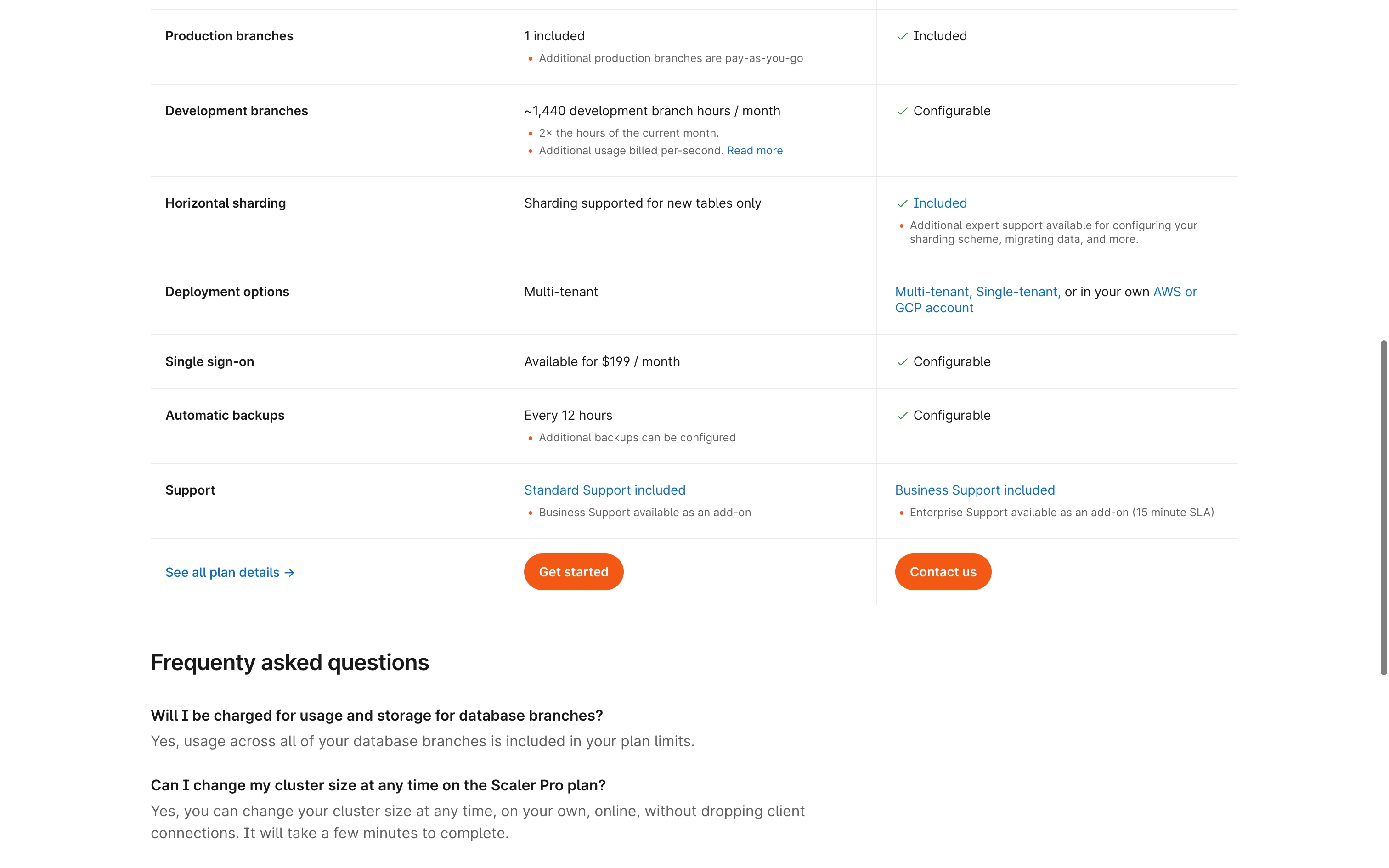 planetscale pricing interface, desktop light stack screenshot