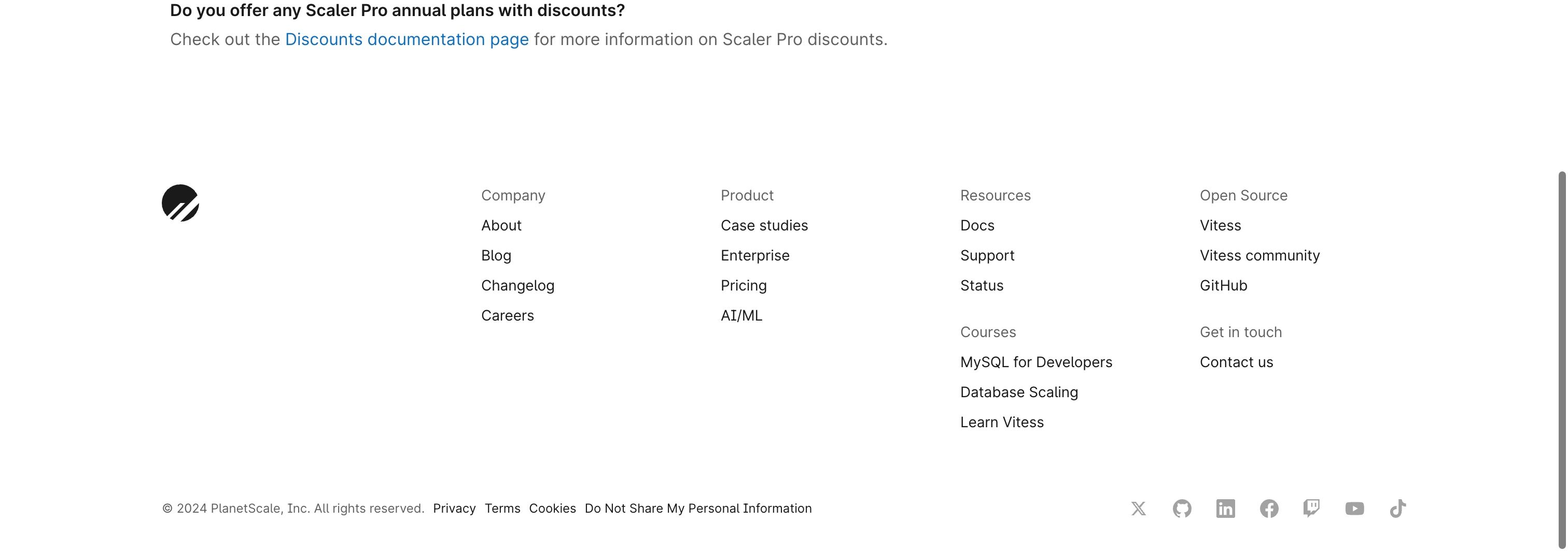 planetscale pricing interface, desktop light stack screenshot