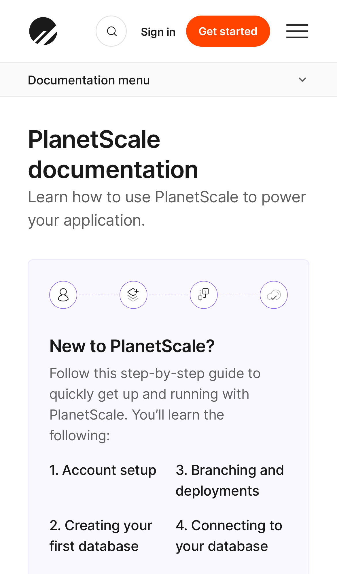 planetscale docs home interface, mobile light fold screenshot