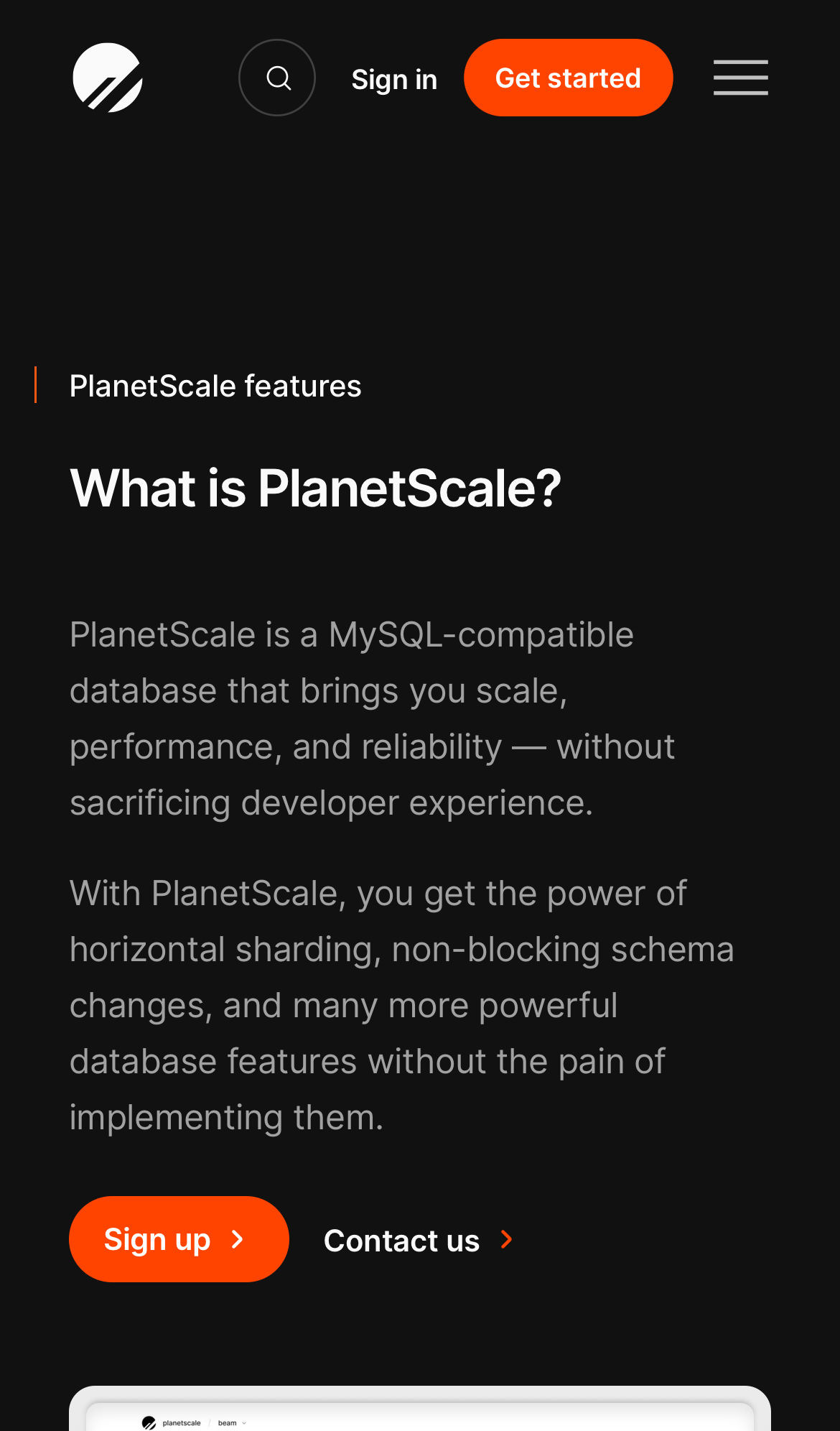 planetscale features interface, mobile light fold screenshot