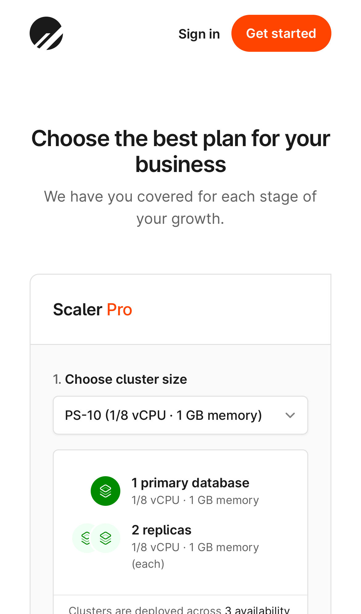 planetscale pricing interface, mobile light fold screenshot
