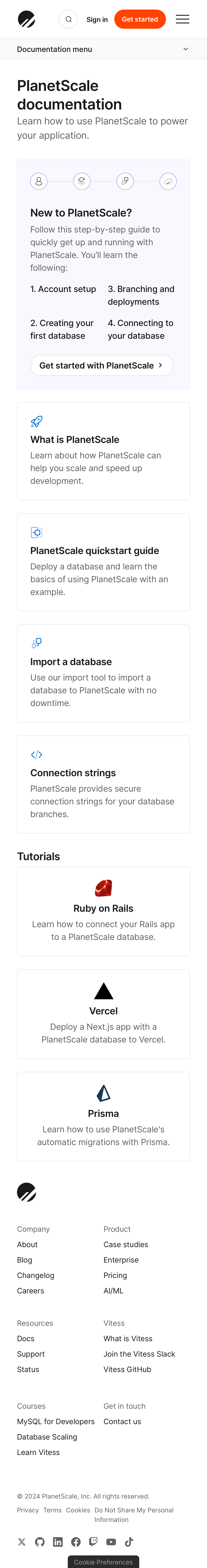 planetscale docs home interface, mobile light full screenshot