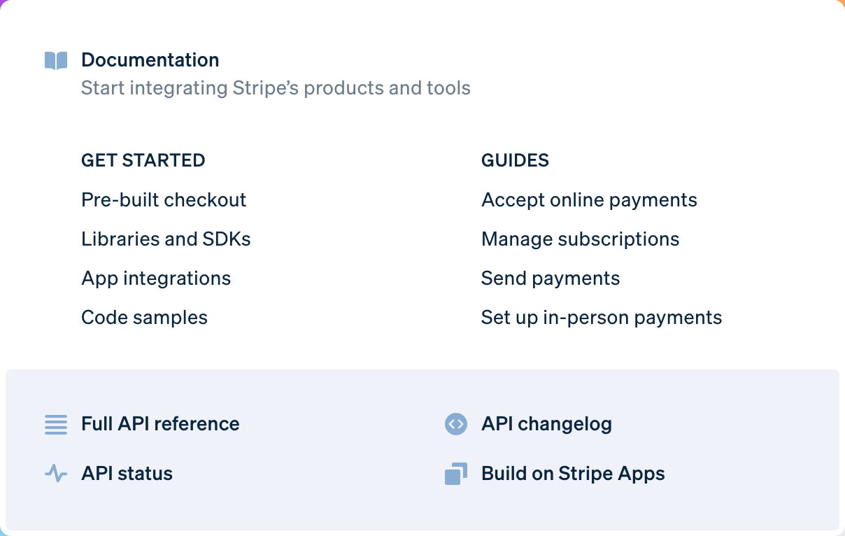 stripe landing – developers nav menu interface, desktop light component screenshot