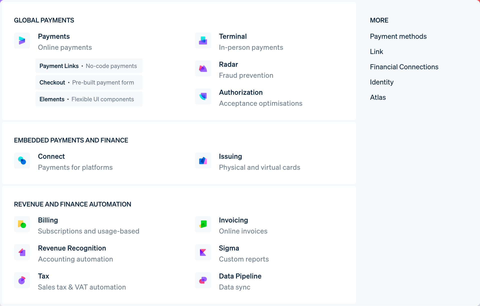 stripe landing – product nav menu interface, desktop light component screenshot