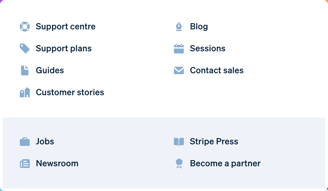 stripe landing – resources nav menu interface, desktop light component screenshot