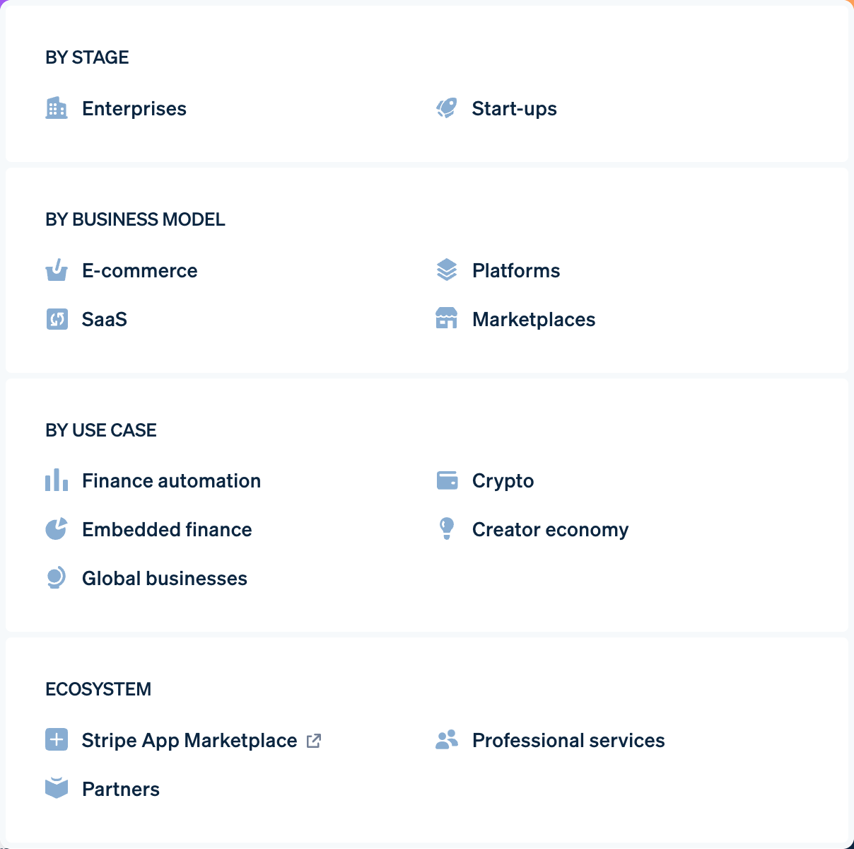 stripe landing – solutions nav menu interface, desktop light component screenshot