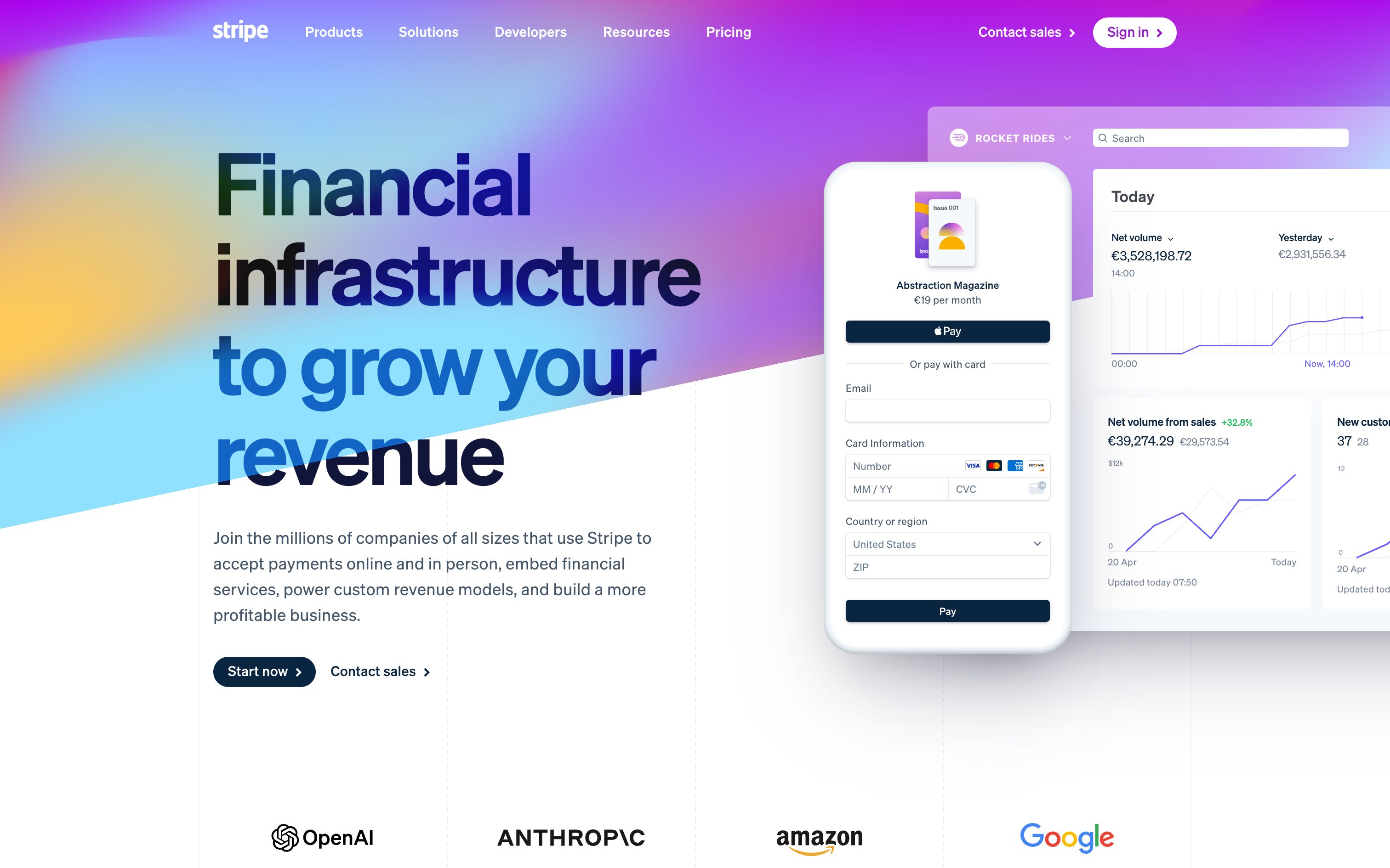 stripe landing interface, desktop light fold screenshot