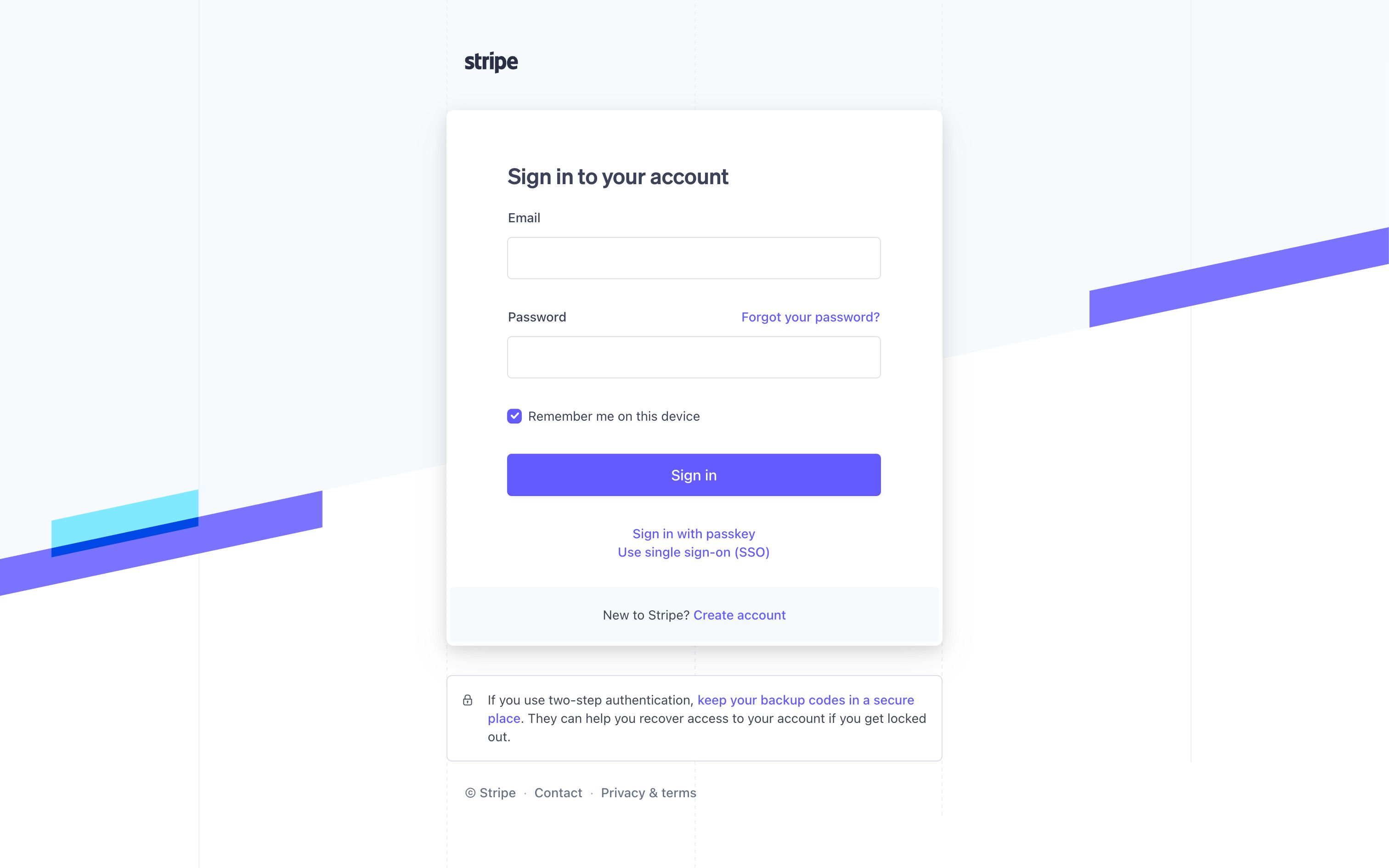 stripe login interface, desktop light fold screenshot