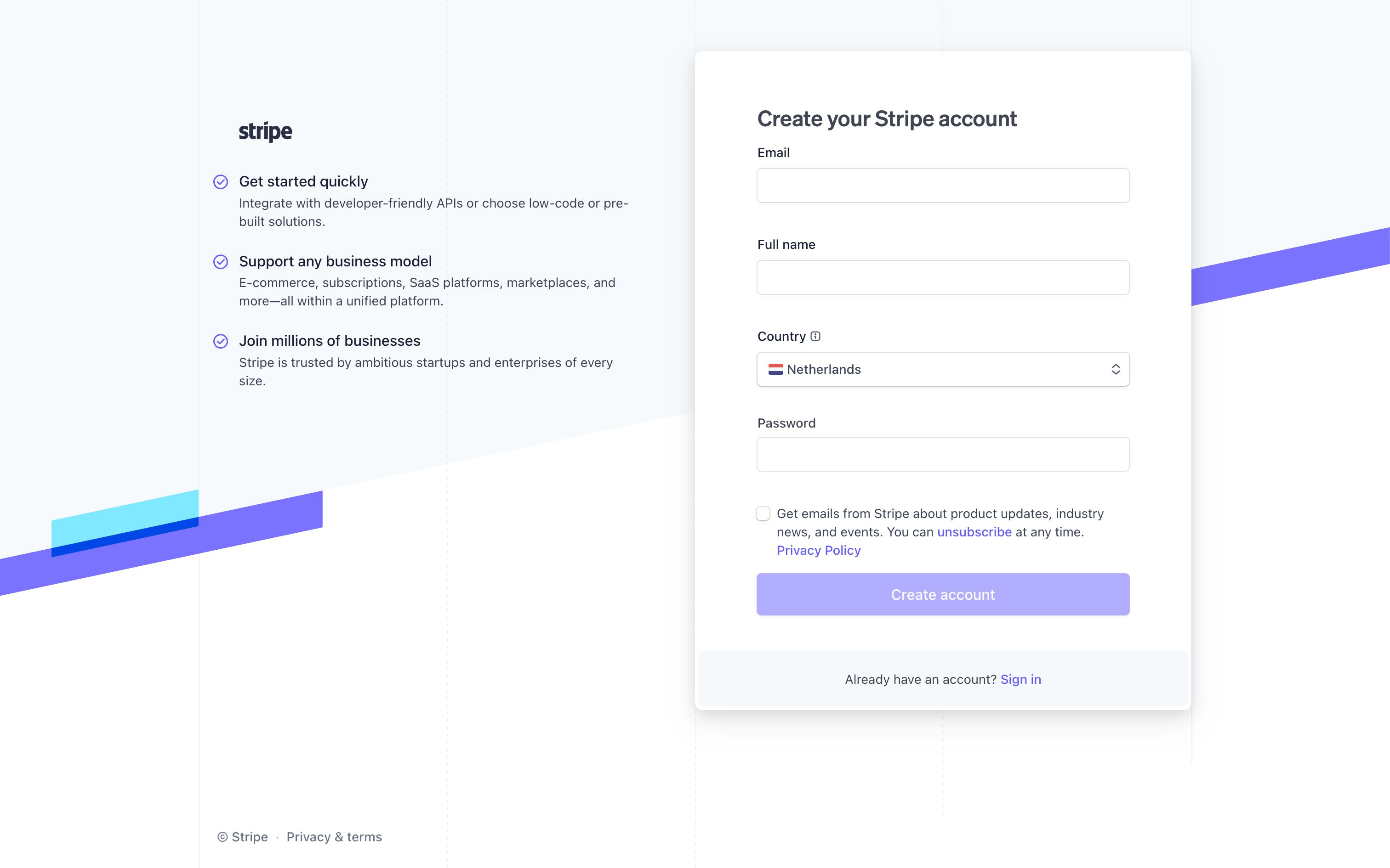 stripe signup interface, desktop light fold screenshot