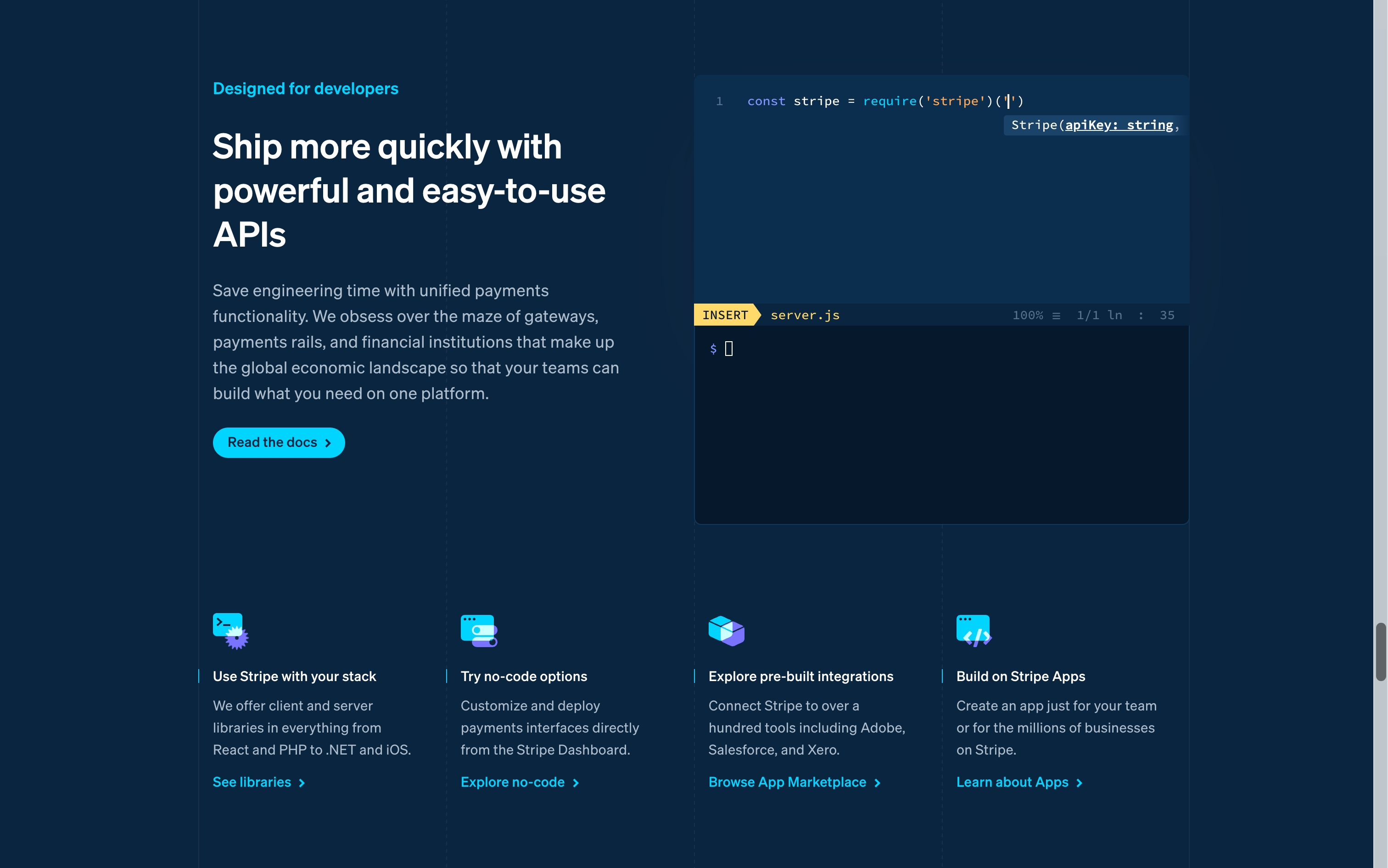 stripe landing interface, desktop light full screenshot