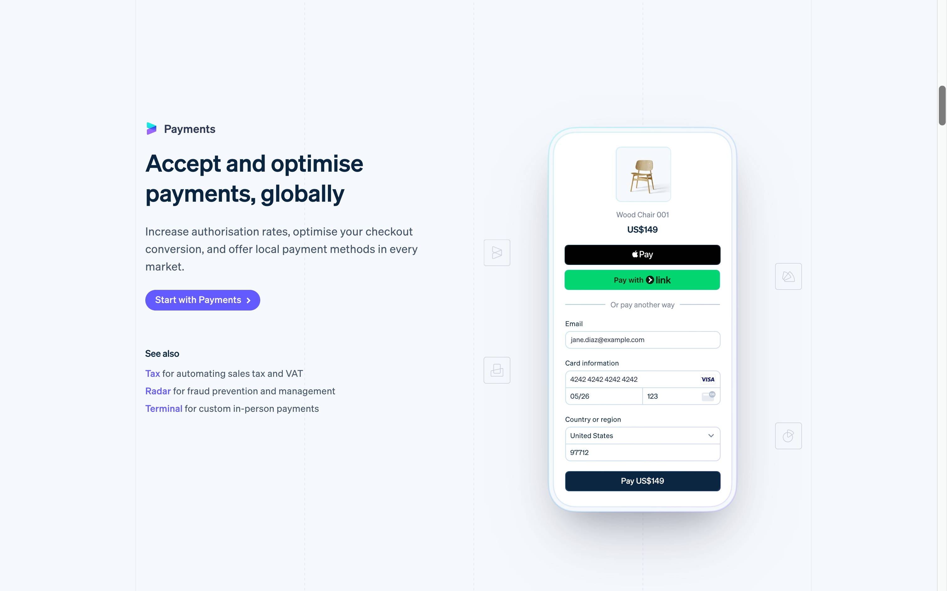 stripe landing interface, desktop light full screenshot