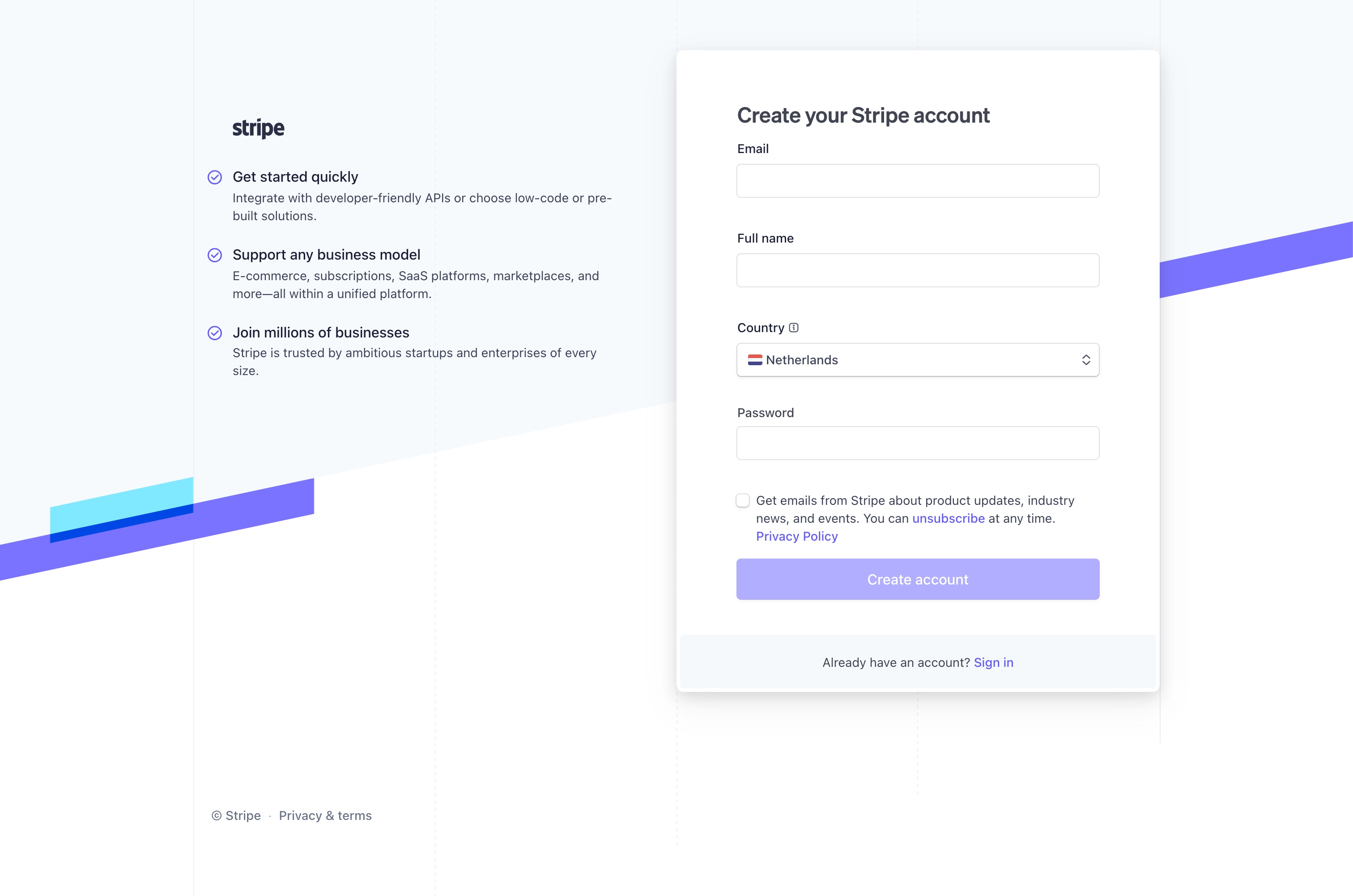 stripe signup interface, desktop light full screenshot