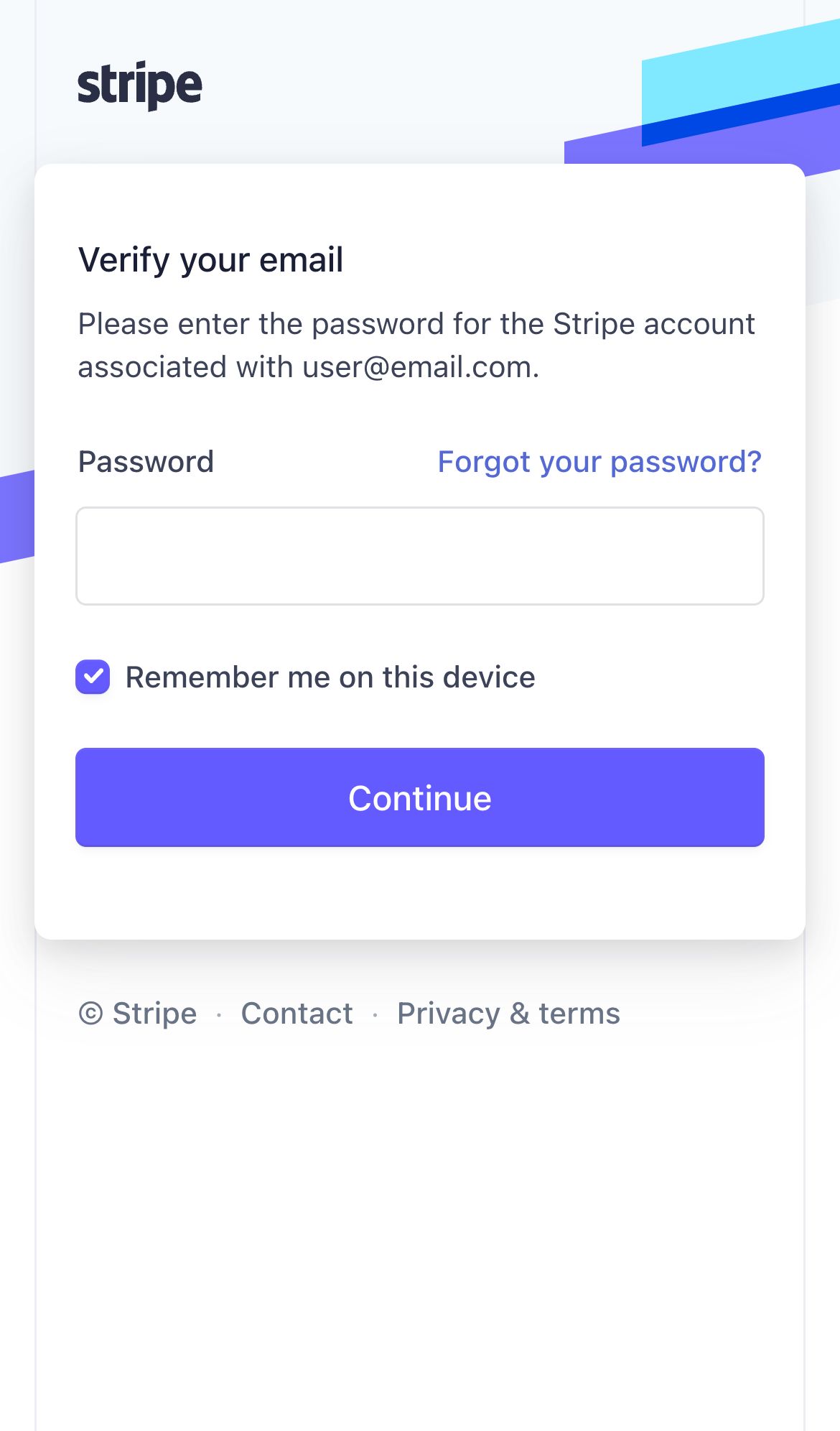 stripe confirm email interface, mobile light fold screenshot