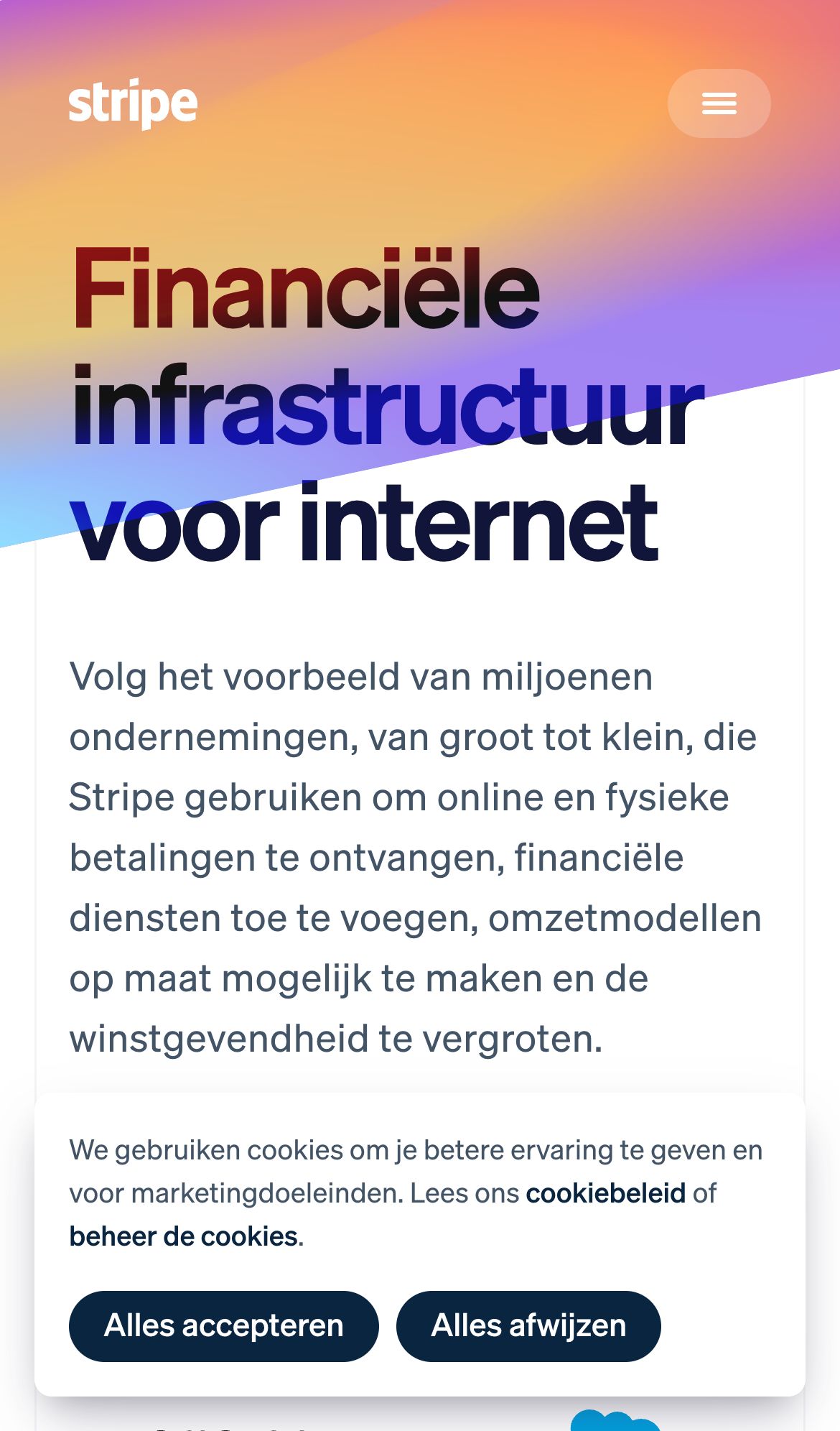 stripe landing interface, mobile light fold screenshot