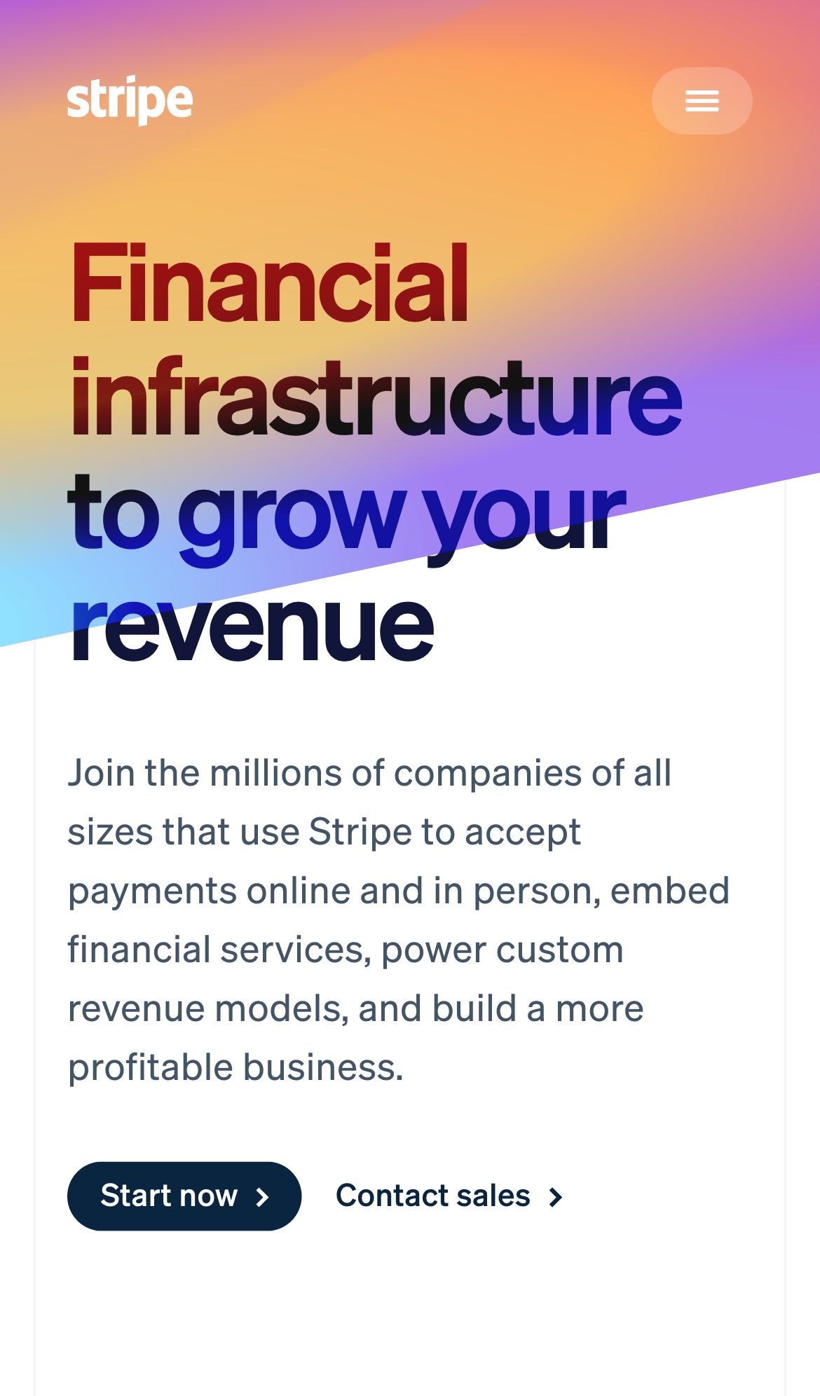 stripe landing interface, mobile light fold screenshot
