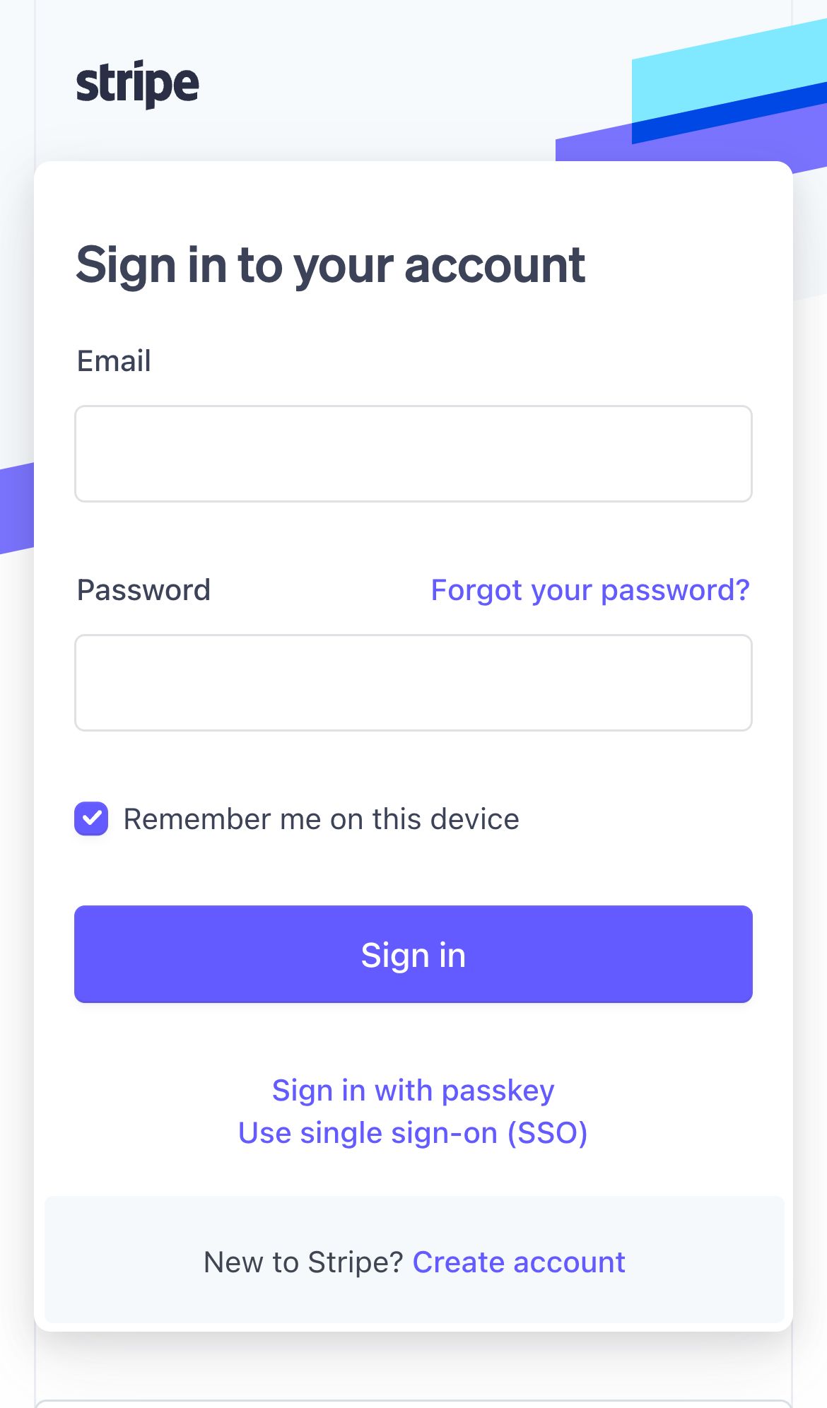 stripe login interface, mobile light fold screenshot