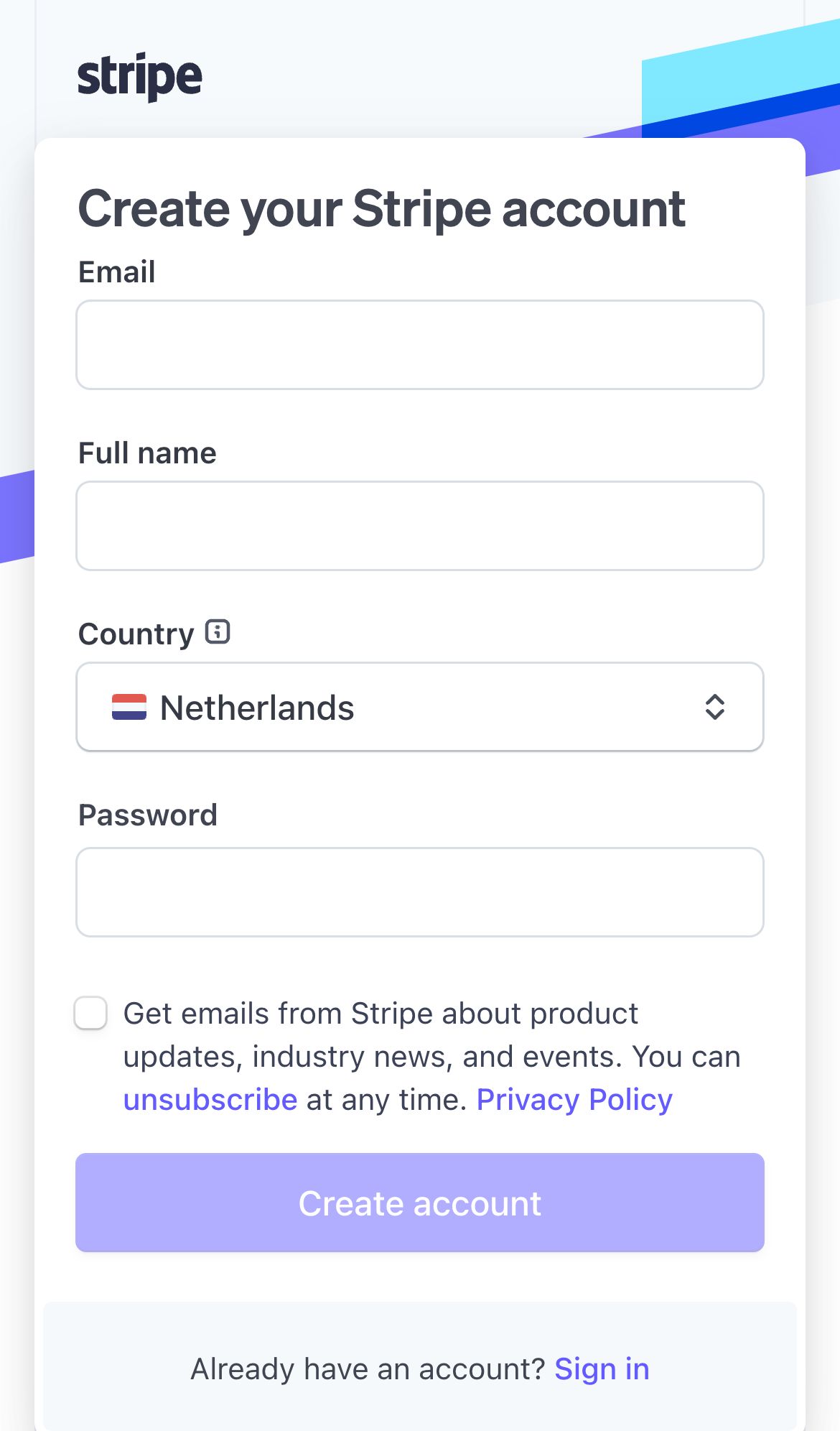 stripe signup interface, mobile light fold screenshot