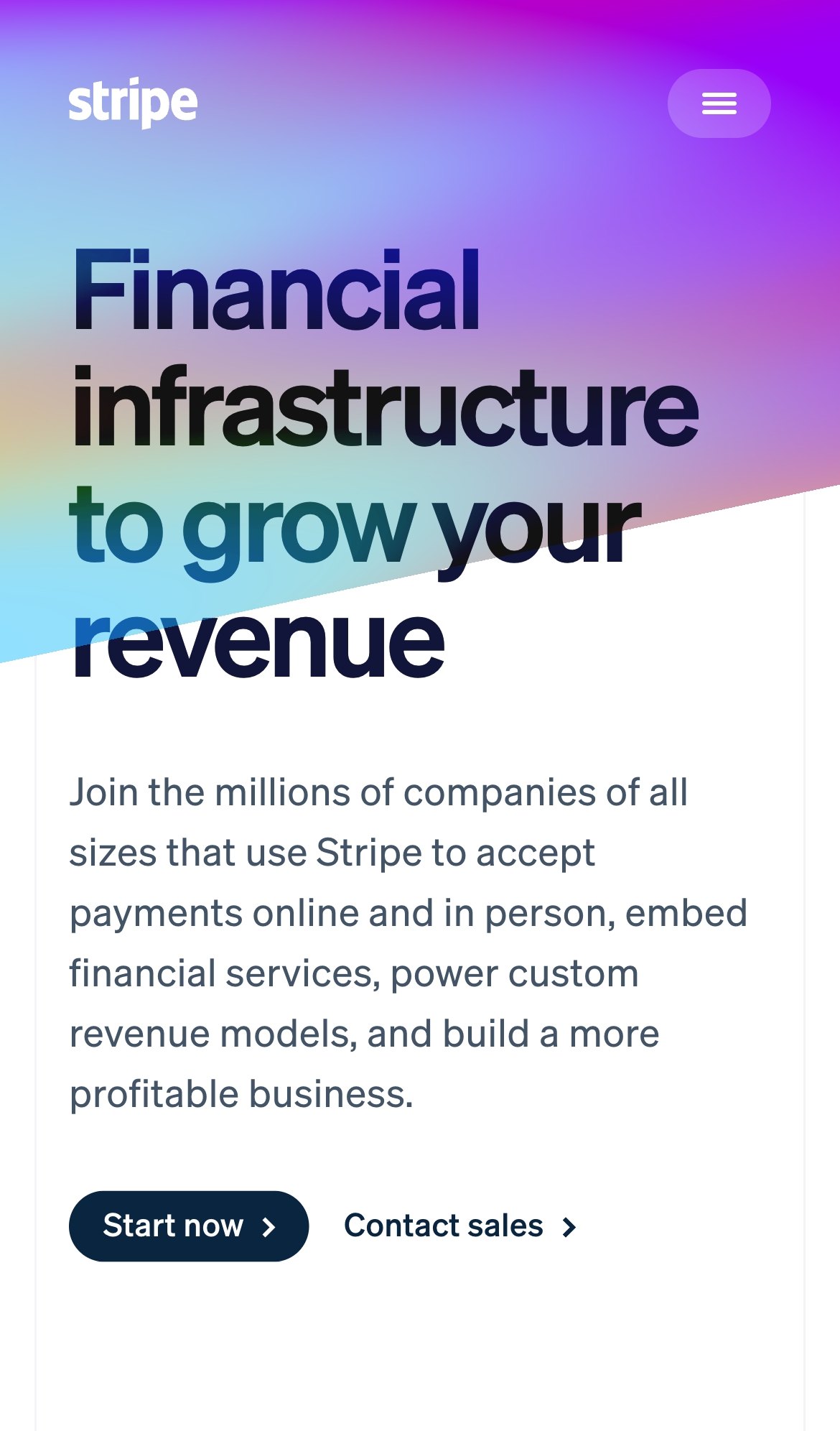 stripe landing interface, mobile light full screenshot