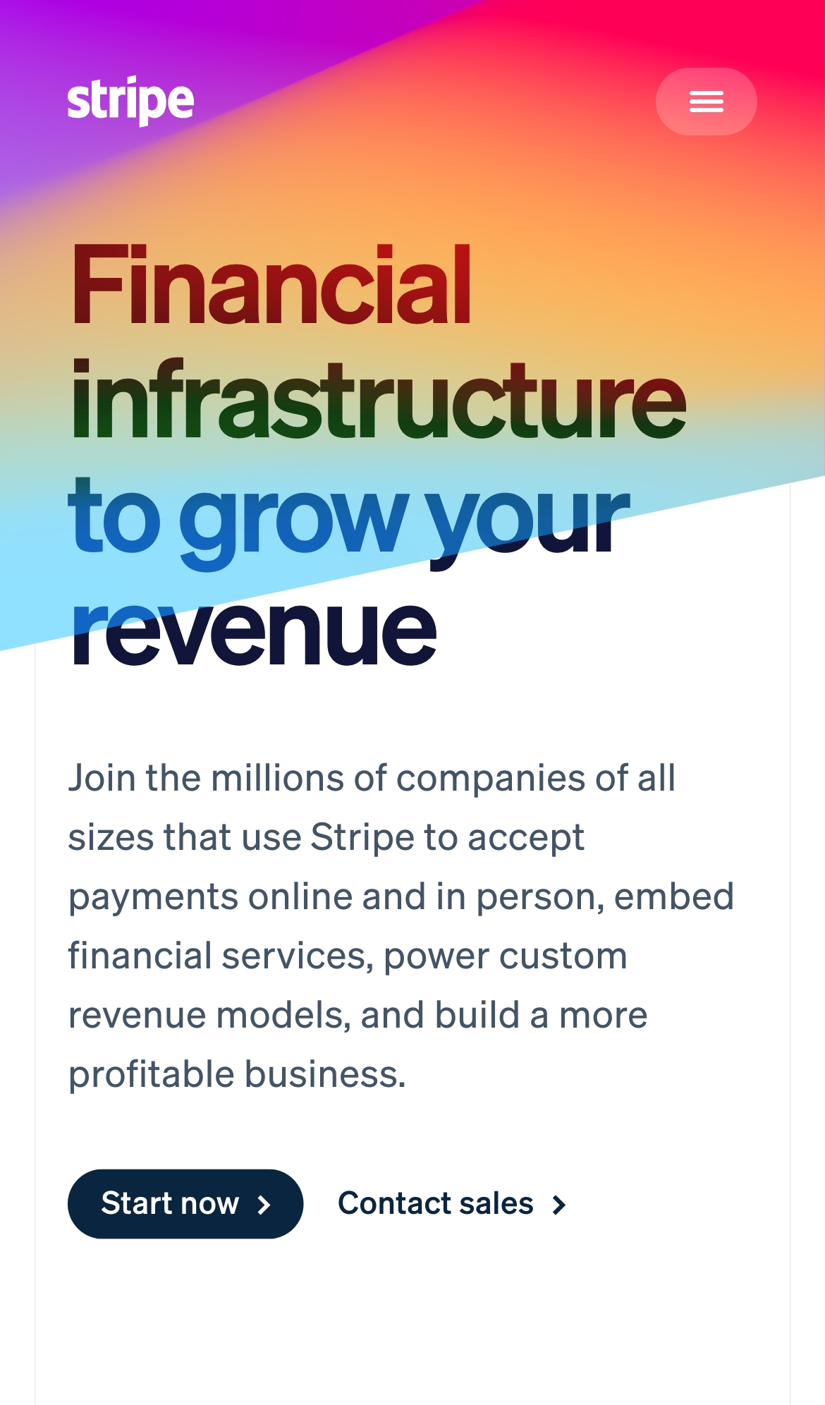 stripe landing interface, mobile light full screenshot